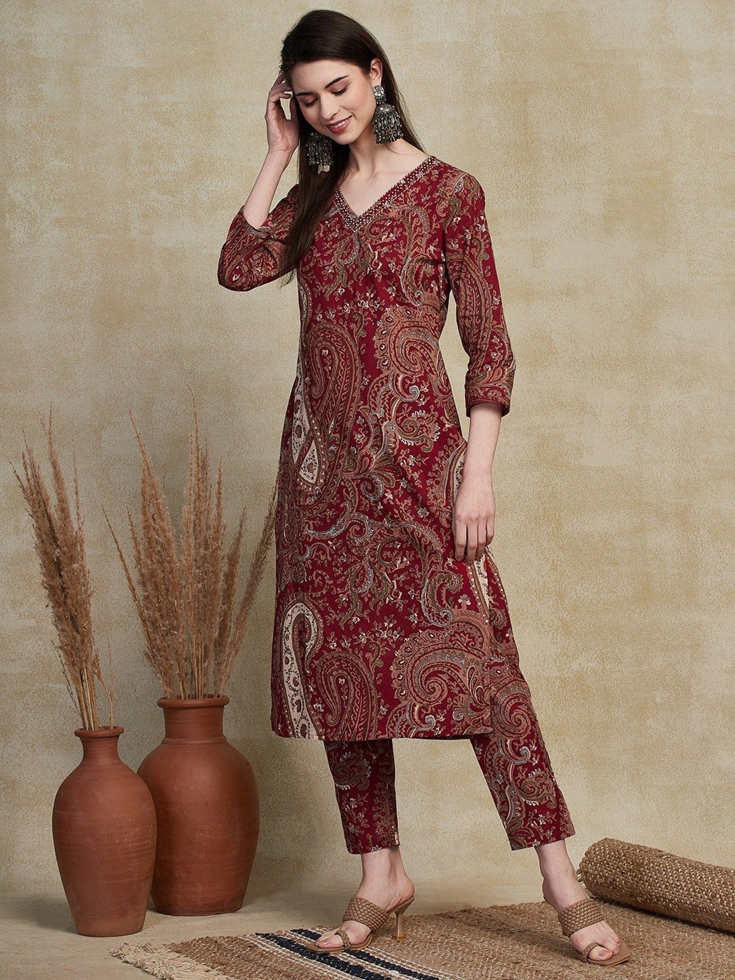 Fashor Maroon Cotton Printed Kurta Pant Set