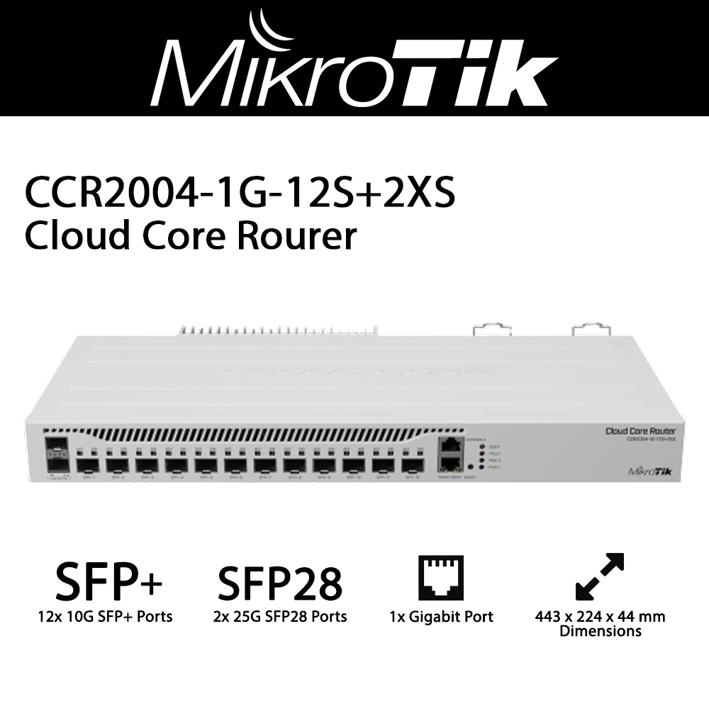 MikroTik - CCR2004-1G-12S+2XS - Cloud Core Router 2004-1G-12S+2XS with Annapurna Alpine AL32400 CPU (4-cores, 1.7GHz per