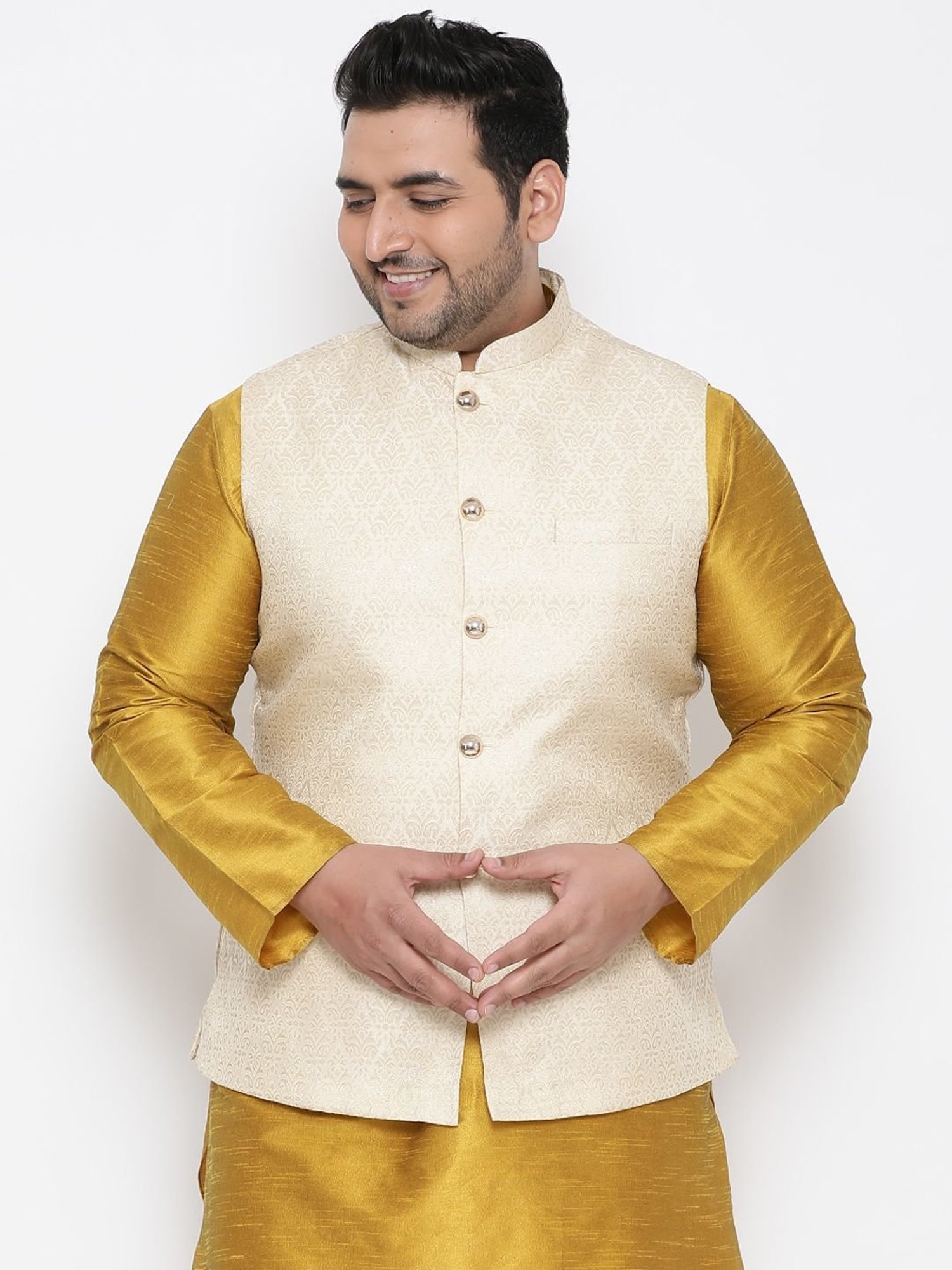 KISAH PLUS Beige Regular Fit Jacquard Nehru Jacket