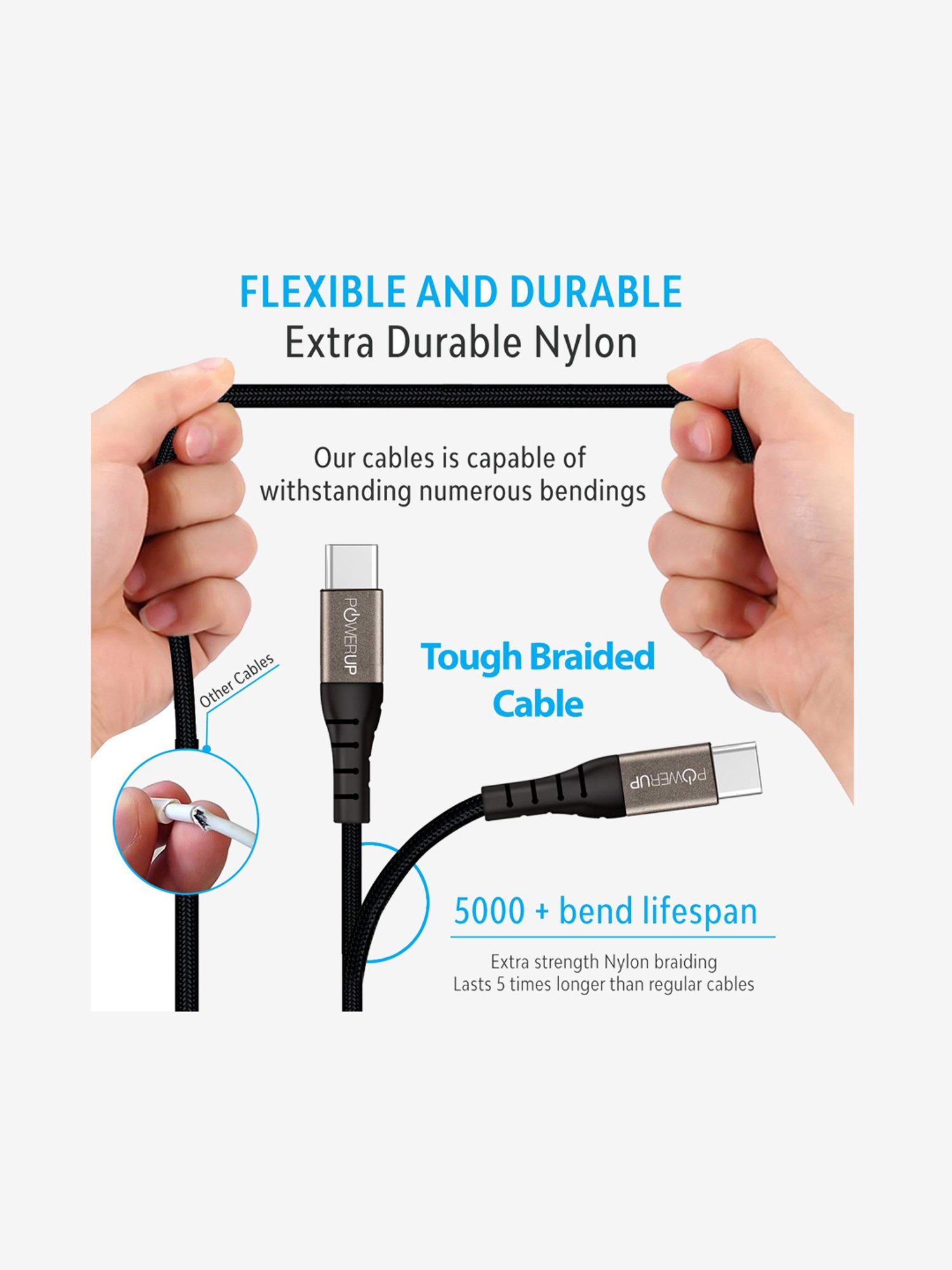 Powerup Nylon Braided USB-C to USB-C Sync & Charge Cable (Black)