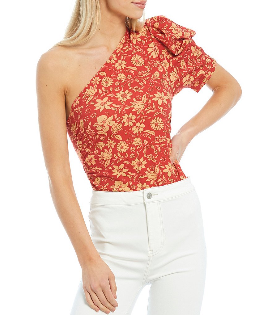 Free People Somethin Bout You Floral One Shoulder Puff Sleeve Bodysuit