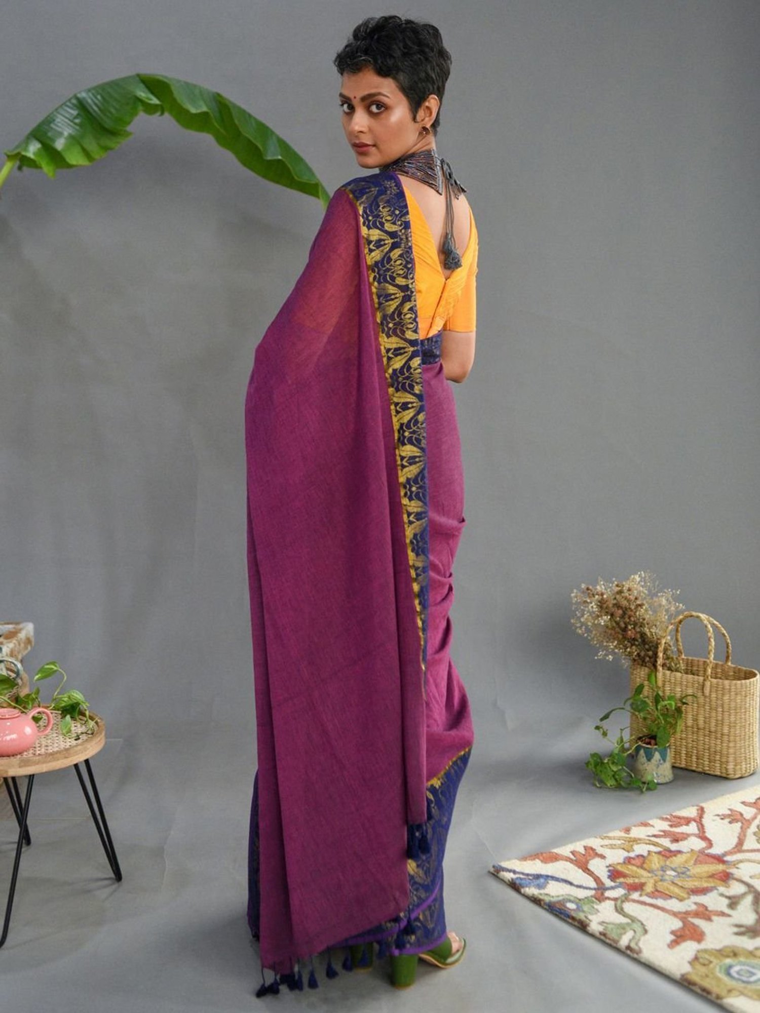 Suta Purple & Navy Cotton Woven Saree Without Blouse