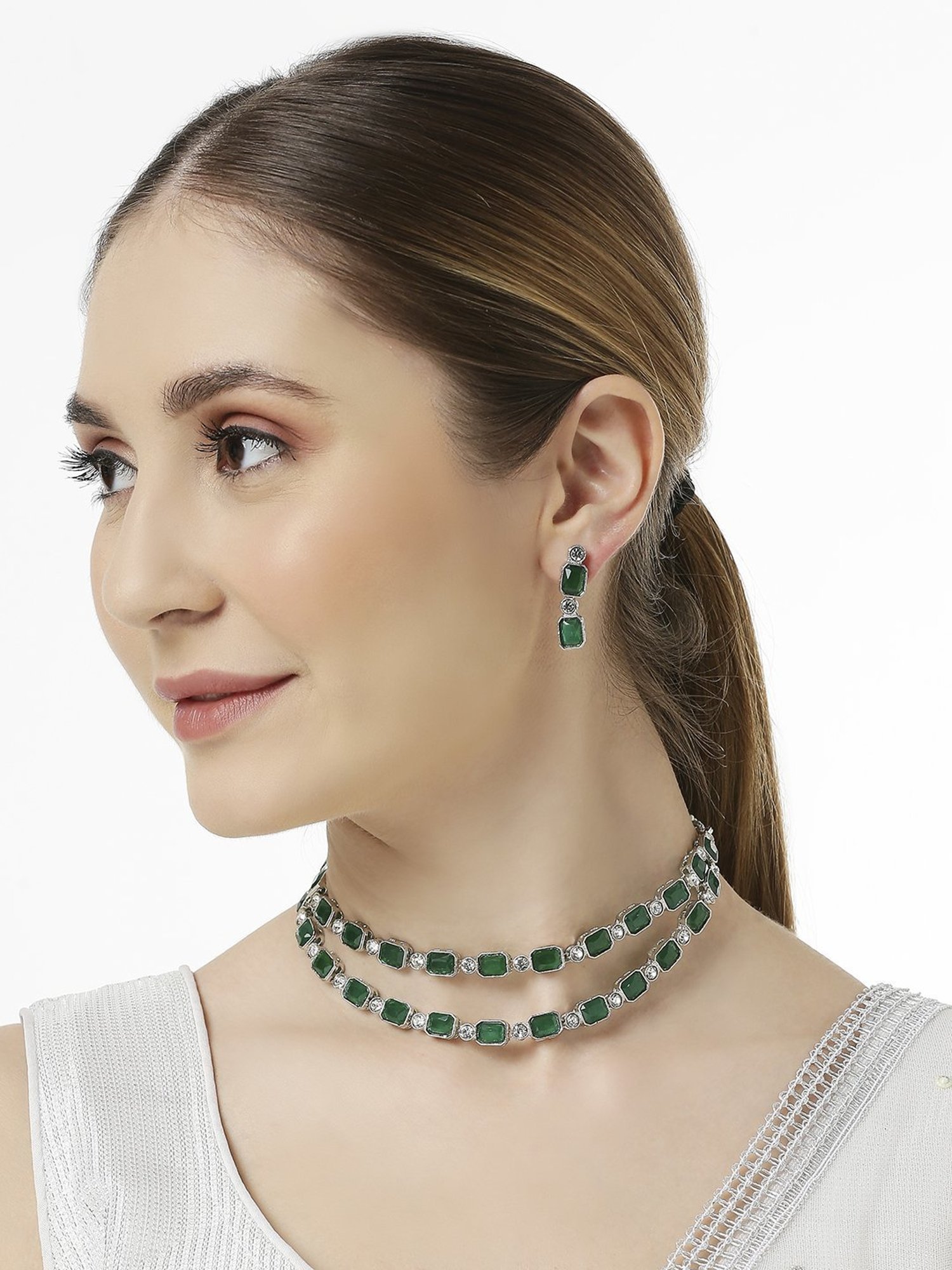 OOMPH Green Multi Layer American Diamond Necklace Set with Earrings