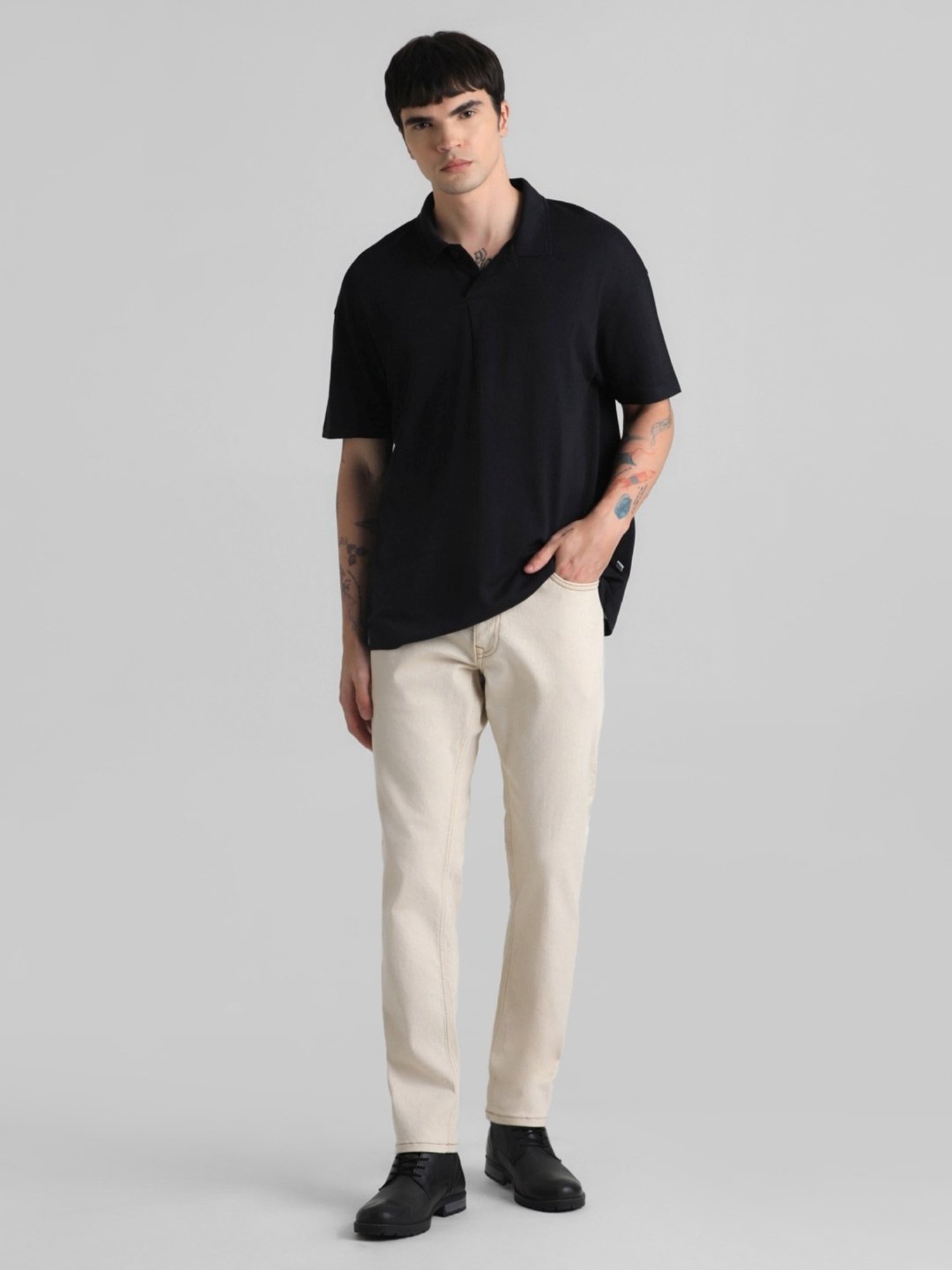 Jack & Jones Jet Black Cotton Boxy Fit Polo T-Shirt