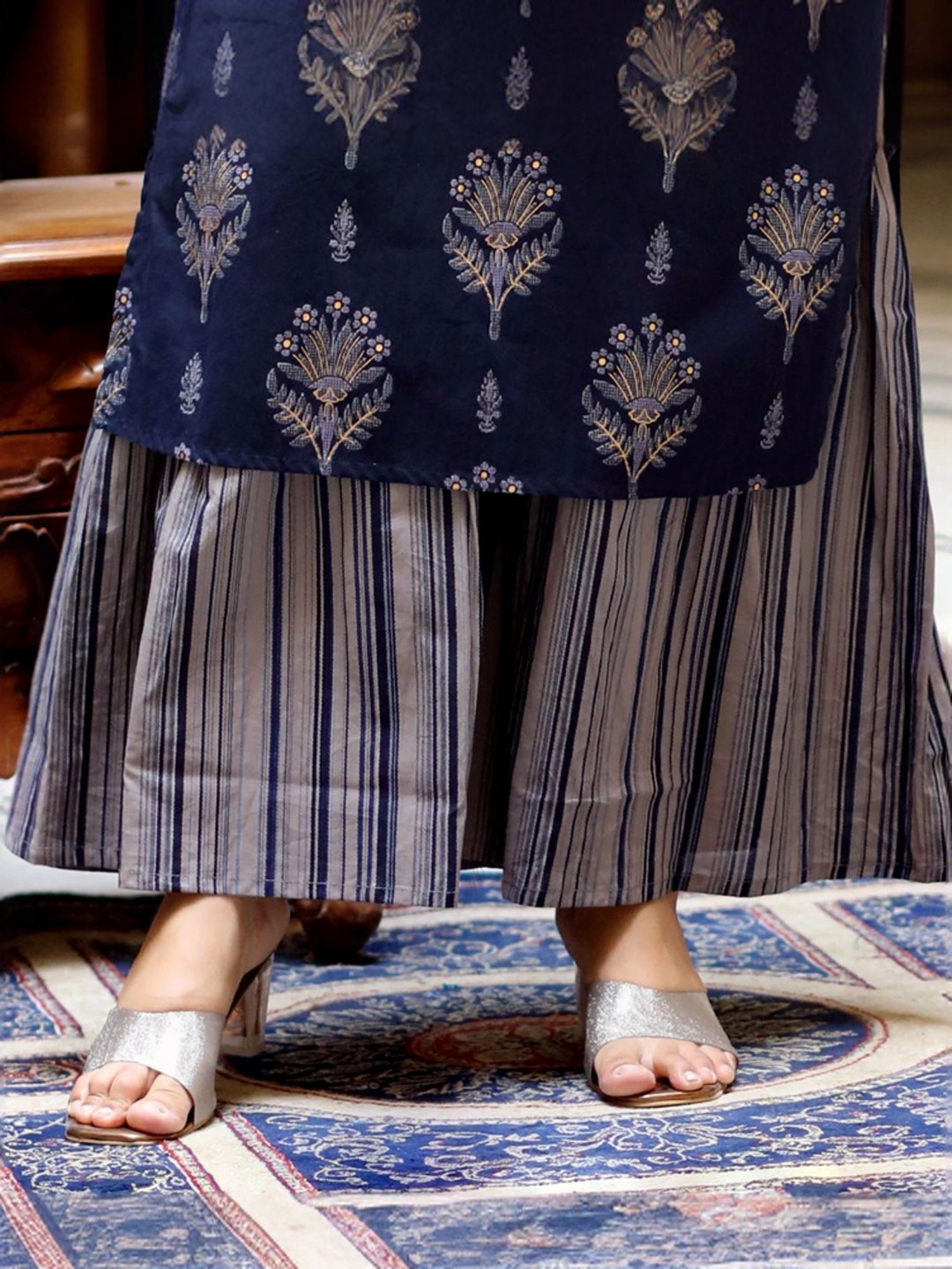 Miravan Blue Cotton Floral Print Kurta Sharara Set