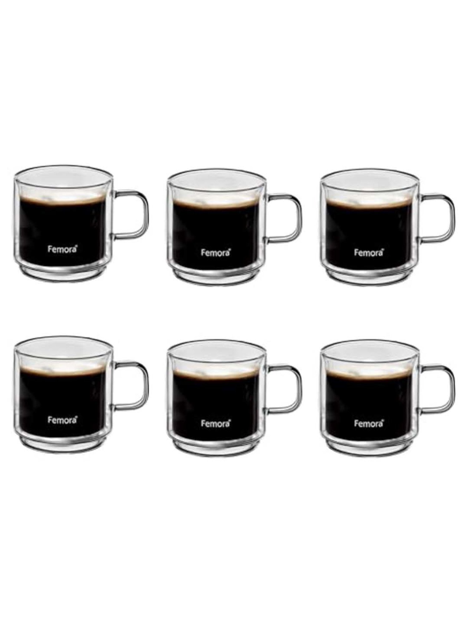 Femora Double Wall Transparent Glass Heat Resistant Coffee Mugs With Handle (0.28 L) - Set of 6