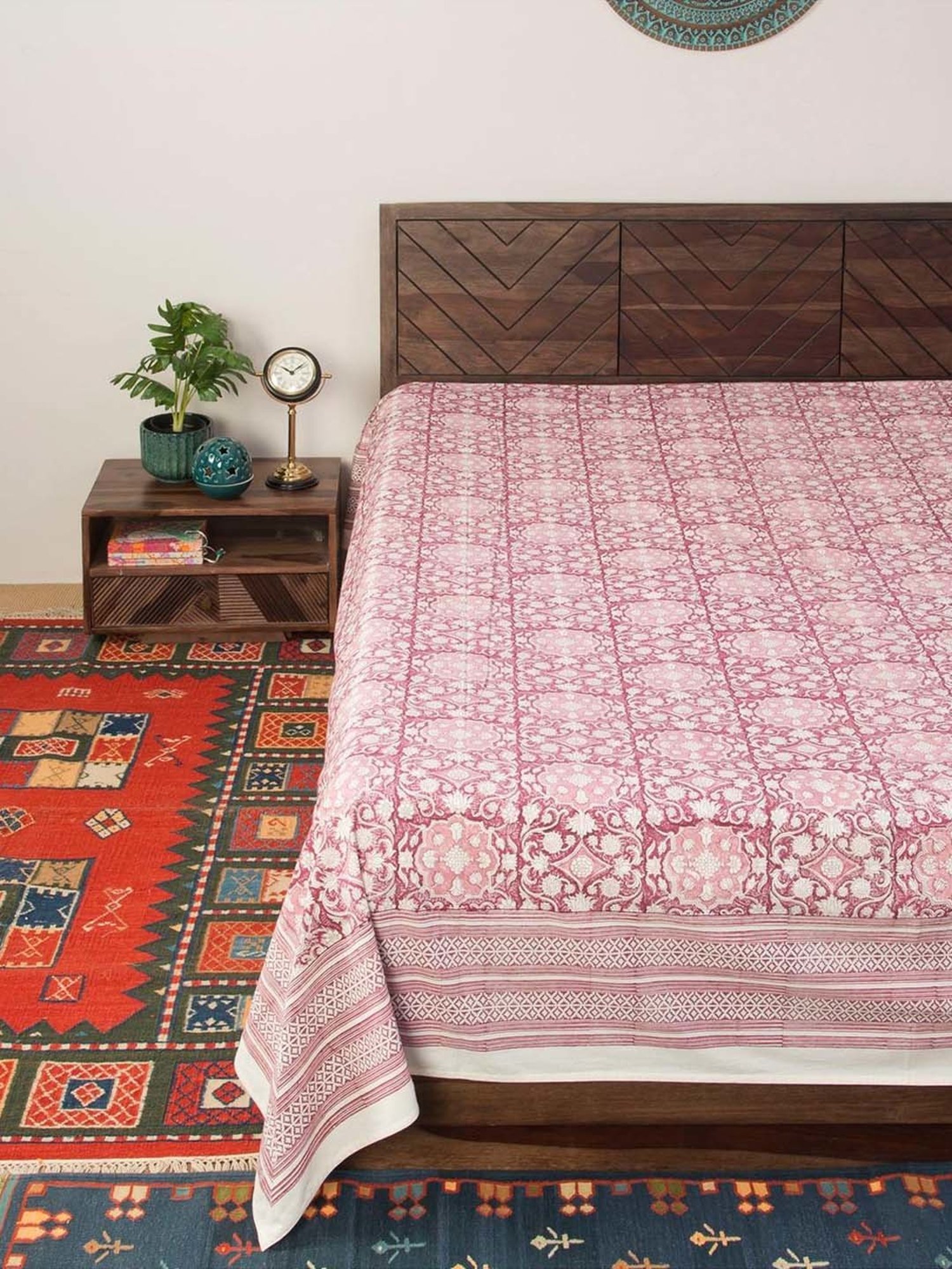 Fabindia Home Standalone Wine Cotton 118 TC 163 GSM Hand Block Printed Double Bed Cover