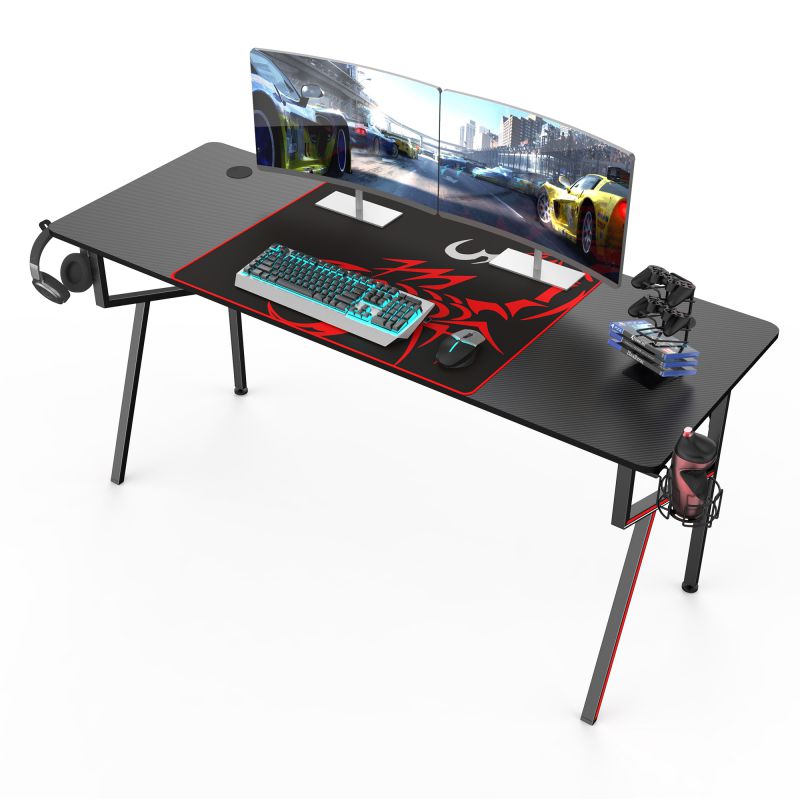 Eureka Gaming&reg; Captain K Series 63'' E-sport Desk, Home Office Gaming Computer Desk, K Shaped Gamer Workstation with Free Controller Stand, Cup Holder, Headphone Hook & Mousepad, Black