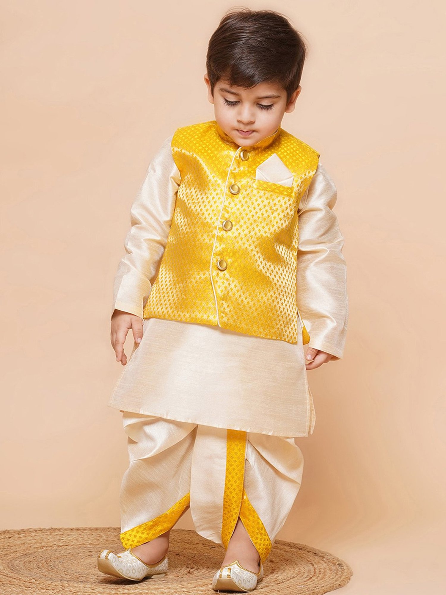 AJ Dezines Kids Beige & Yellow Self Design Full Sleeves Kurta, Dhoti with Waistcoat
