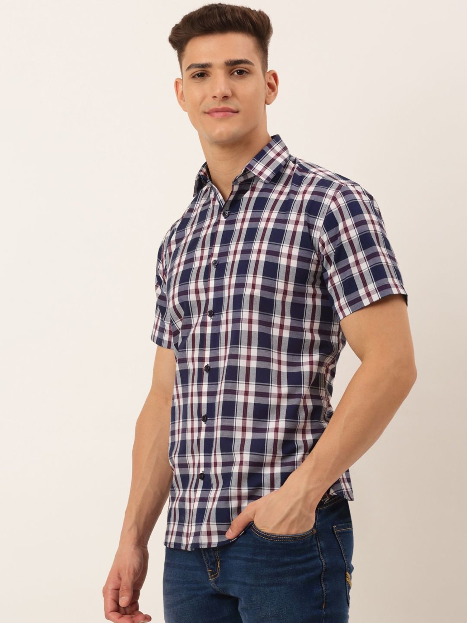 Jainish Navy Cotton Regular Fit Checks Shirt