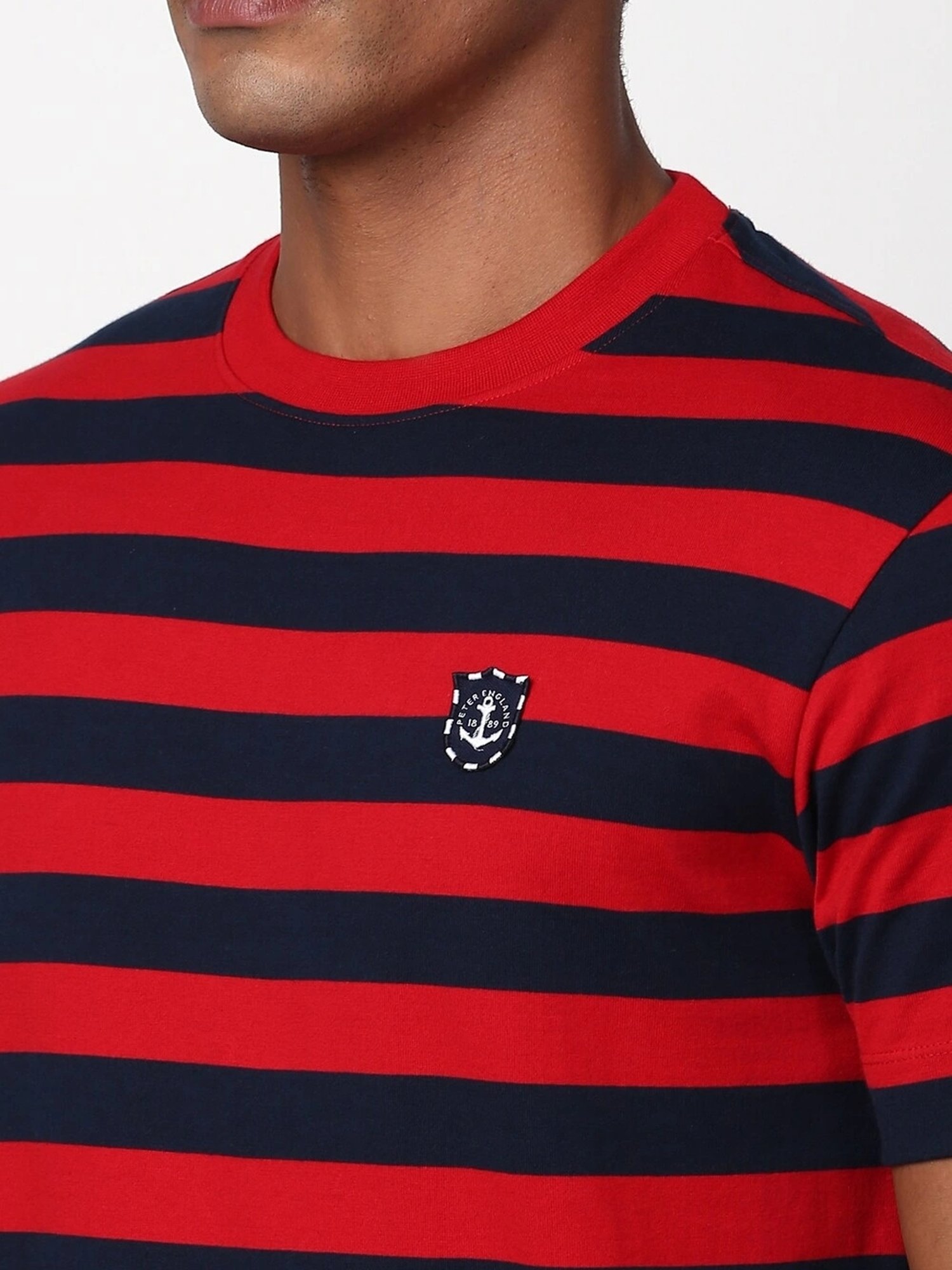 Peter England Red Cotton Regular Fit Striped T-Shirt