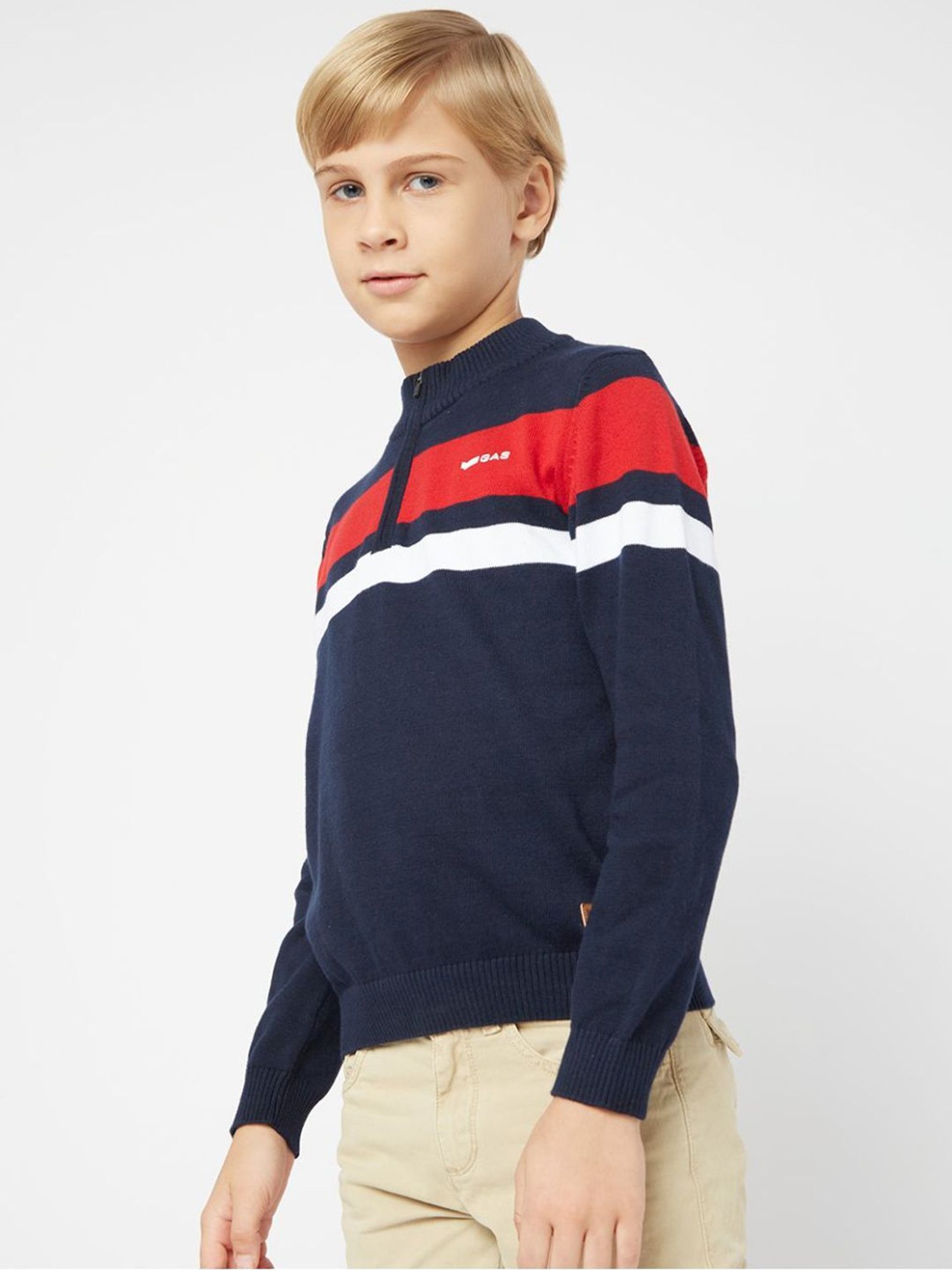 GAS Kids Navy & Red Cotton Striped Full Sleeves Sweater