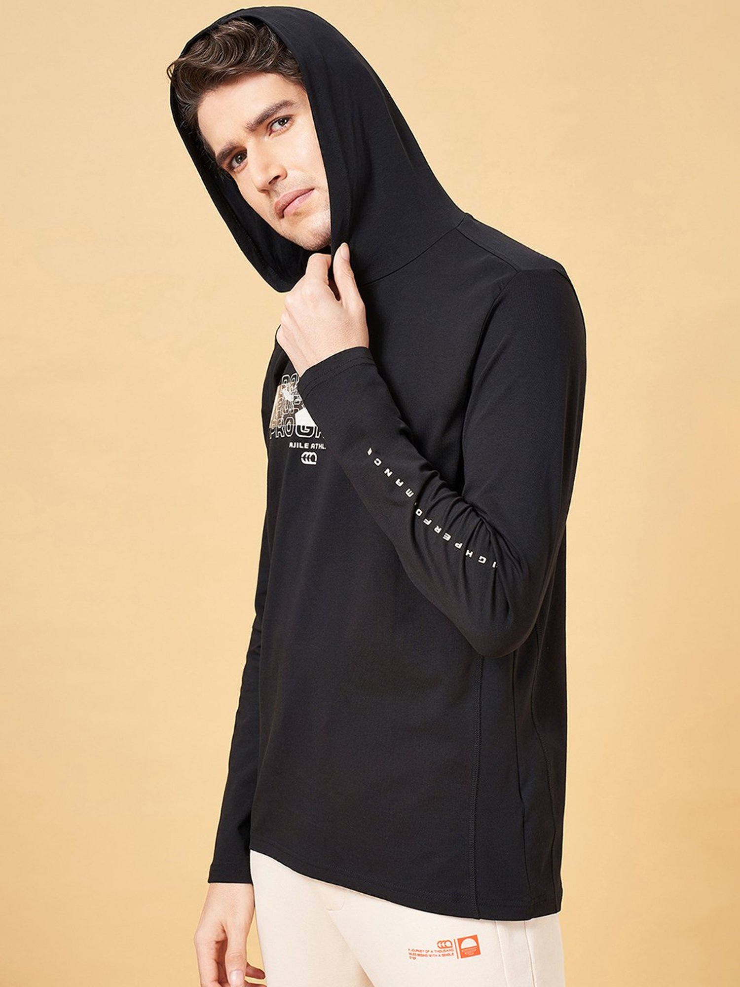 Ajile by Pantaloons Jet Black Slim Fit Graphic Print Hooded T-Shirt