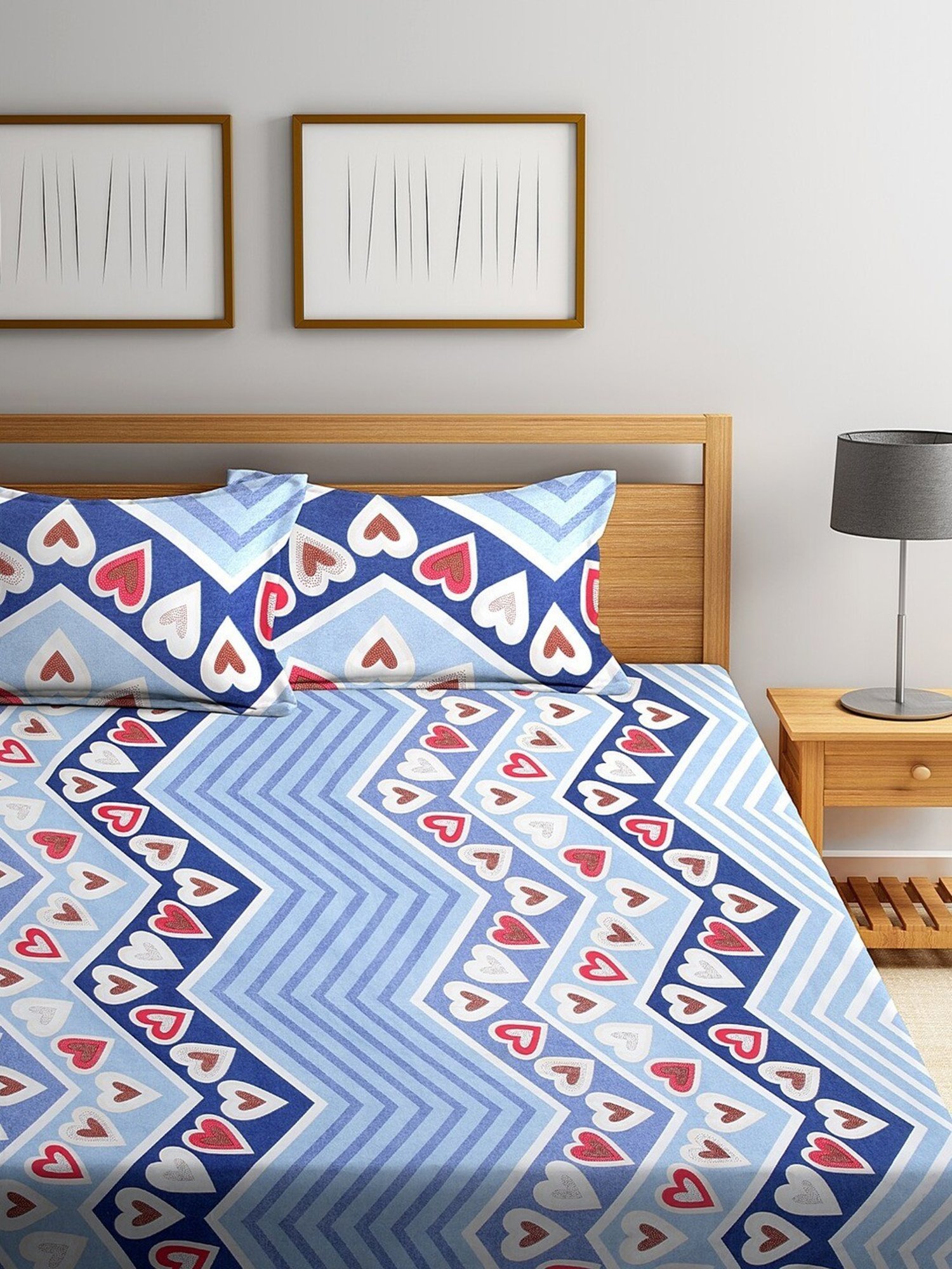 Klotthe Printed Sky Blue 210 TC Cotton Blend Double 2 Bed Sheets with 4 Pillow Covers