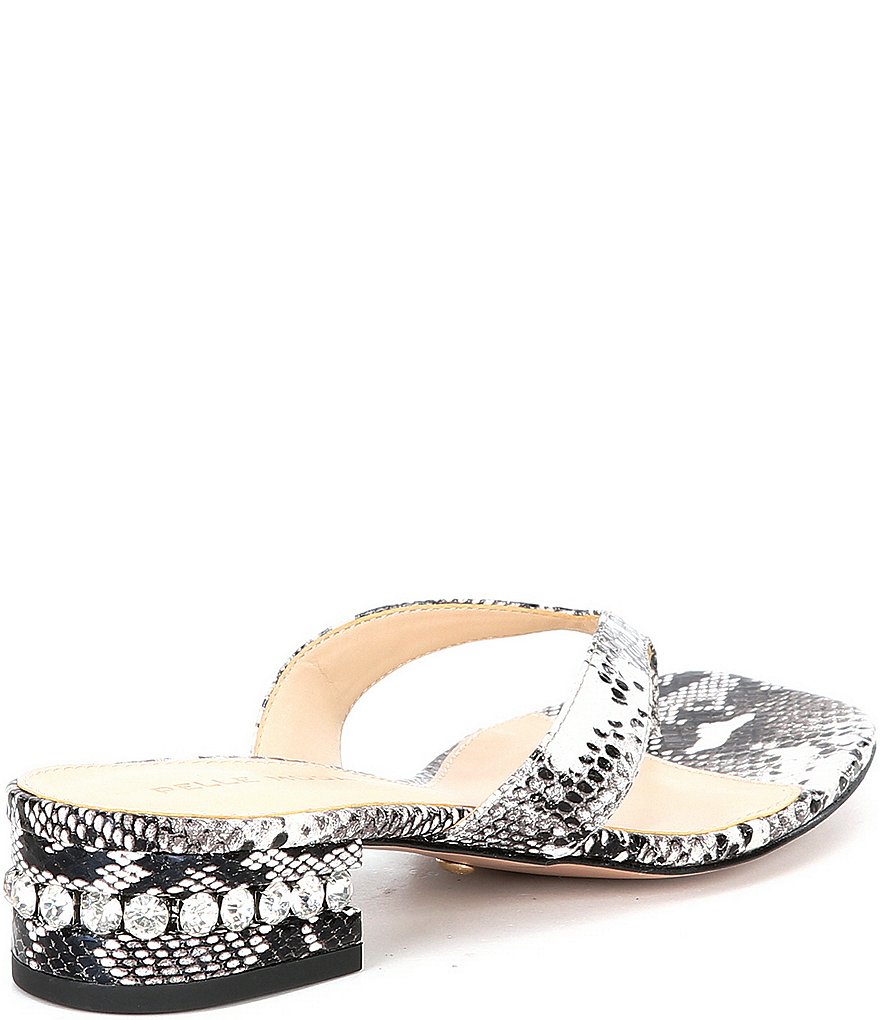 Pelle Moda Niall Snake Embossed Leather Crystal Heel Square Toe Thong Slides