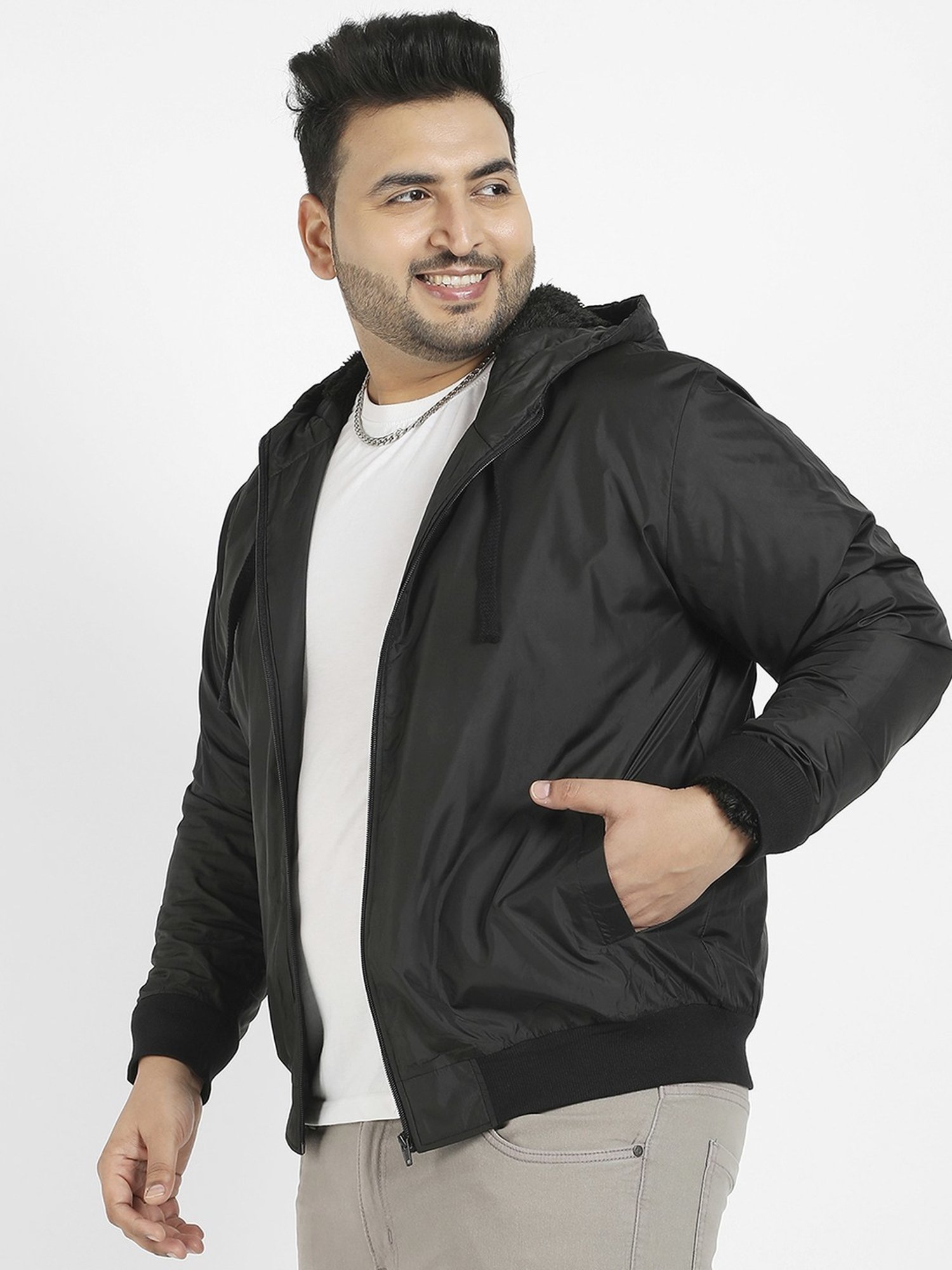 Instafab Plus Black Regular fit Plus Size Hooded Jacket