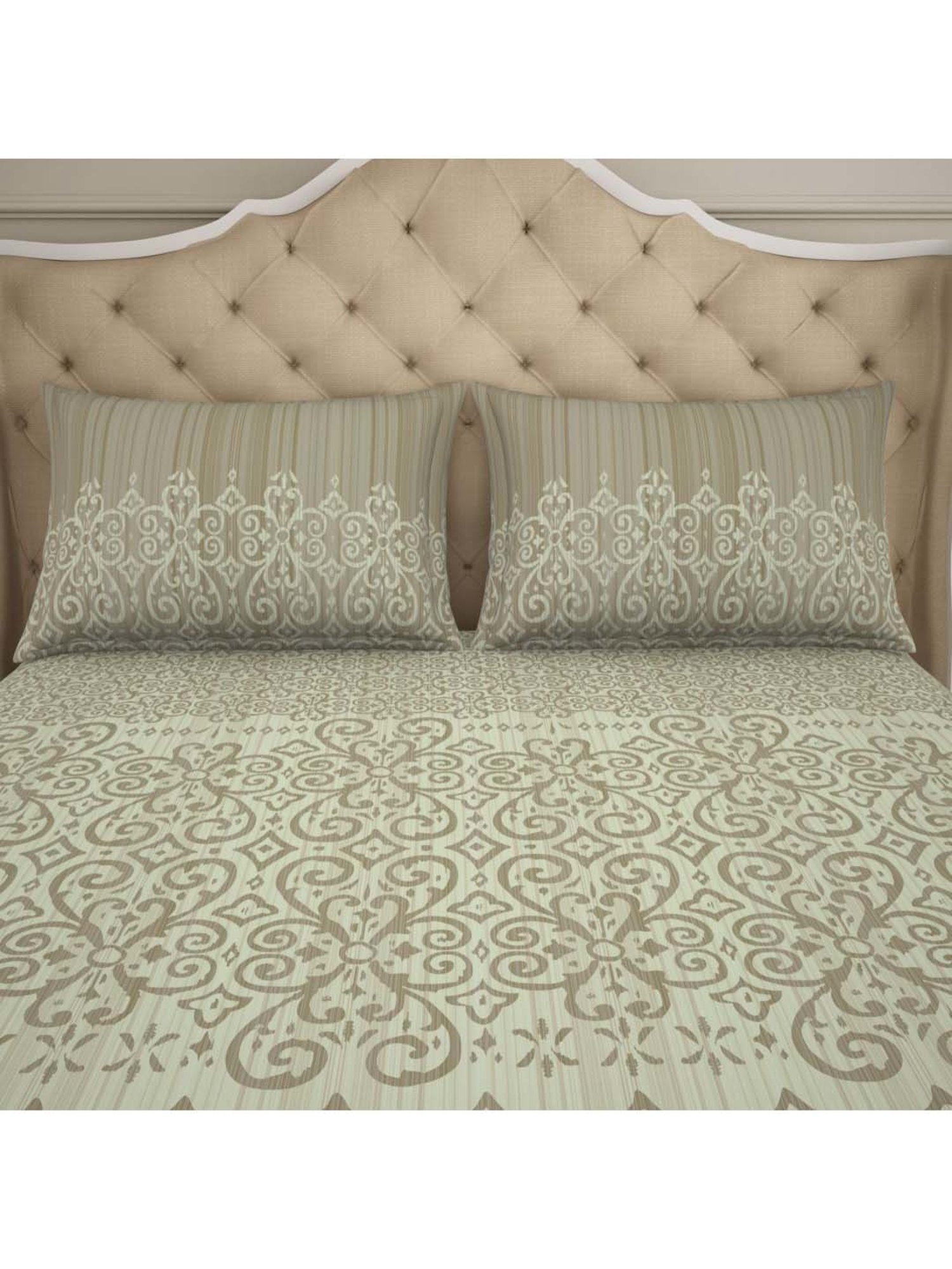 Welspun Printed Light Brown Cotton Double Fitted Bed Sheet with 2 Pillow Covers