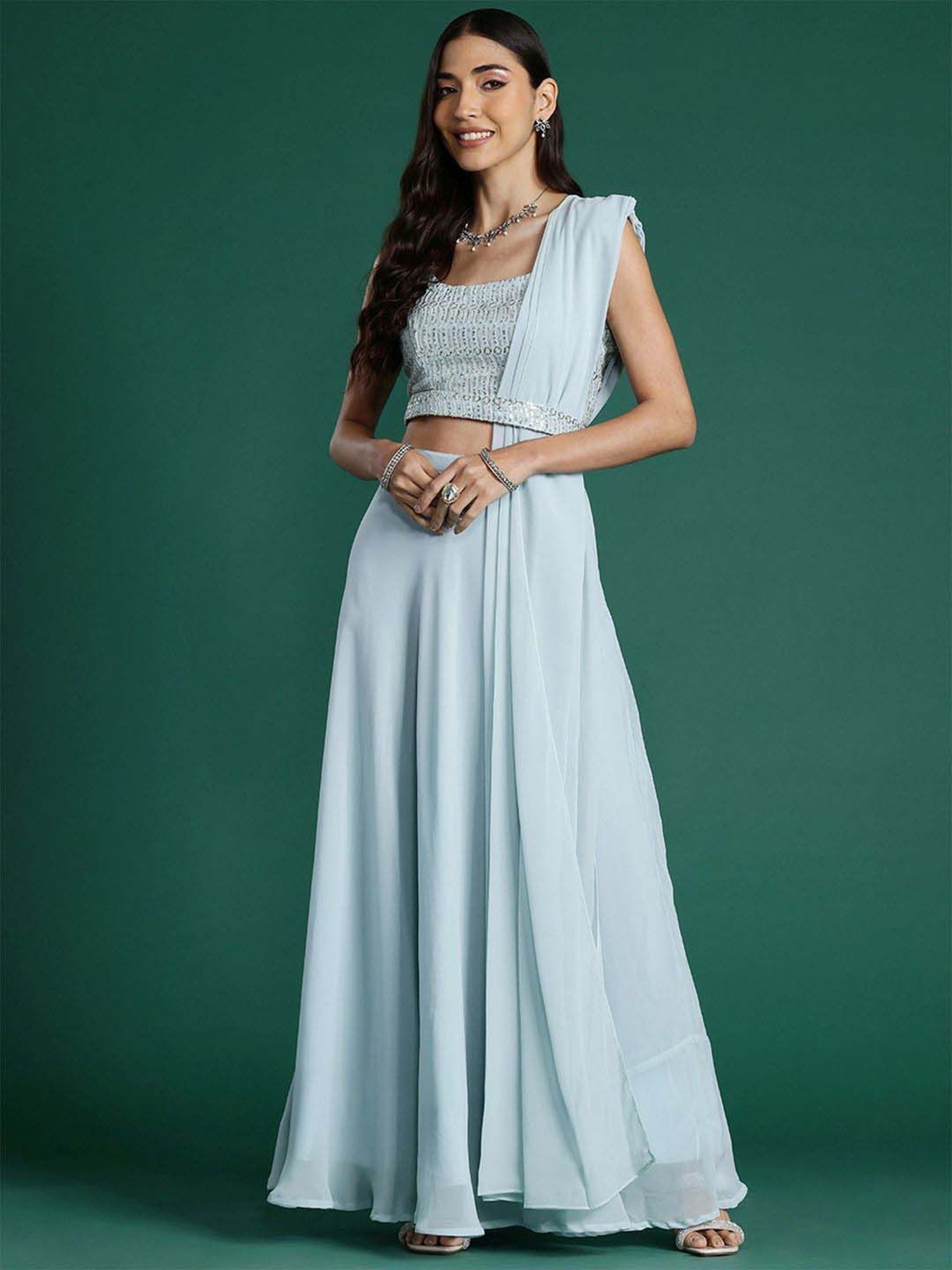 Indo Era Blue Plain Lehenga Choli Set With Dupatta & Belt