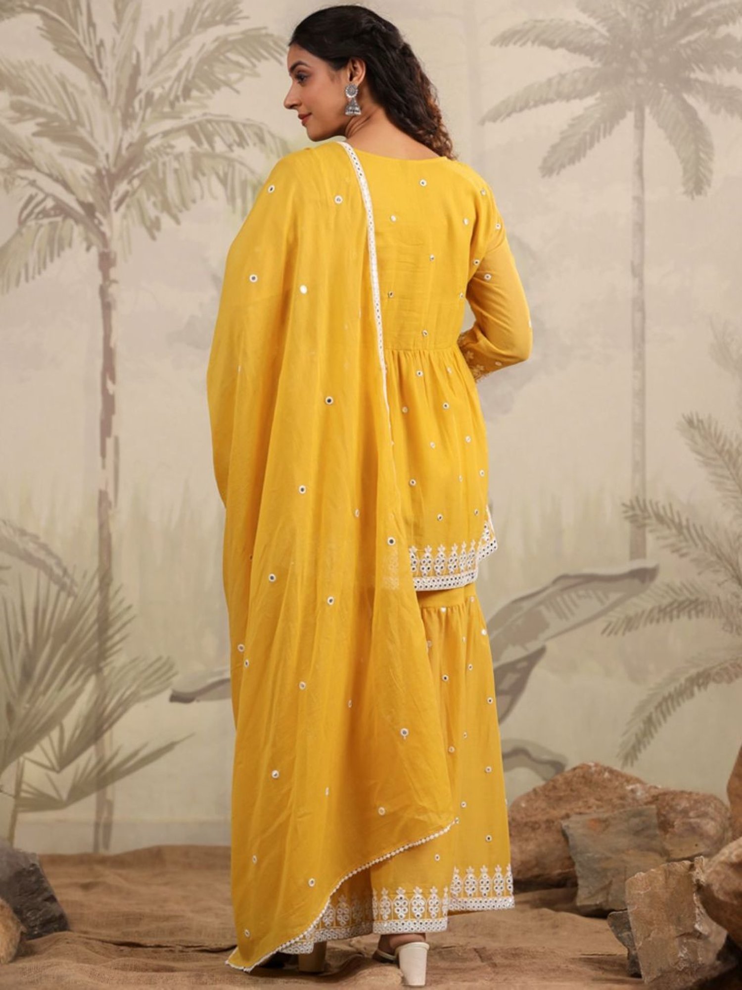SCAKHI Mustard Mulmul Mirror Embroidered Peplum Kurta With Sharara And Dupatta
