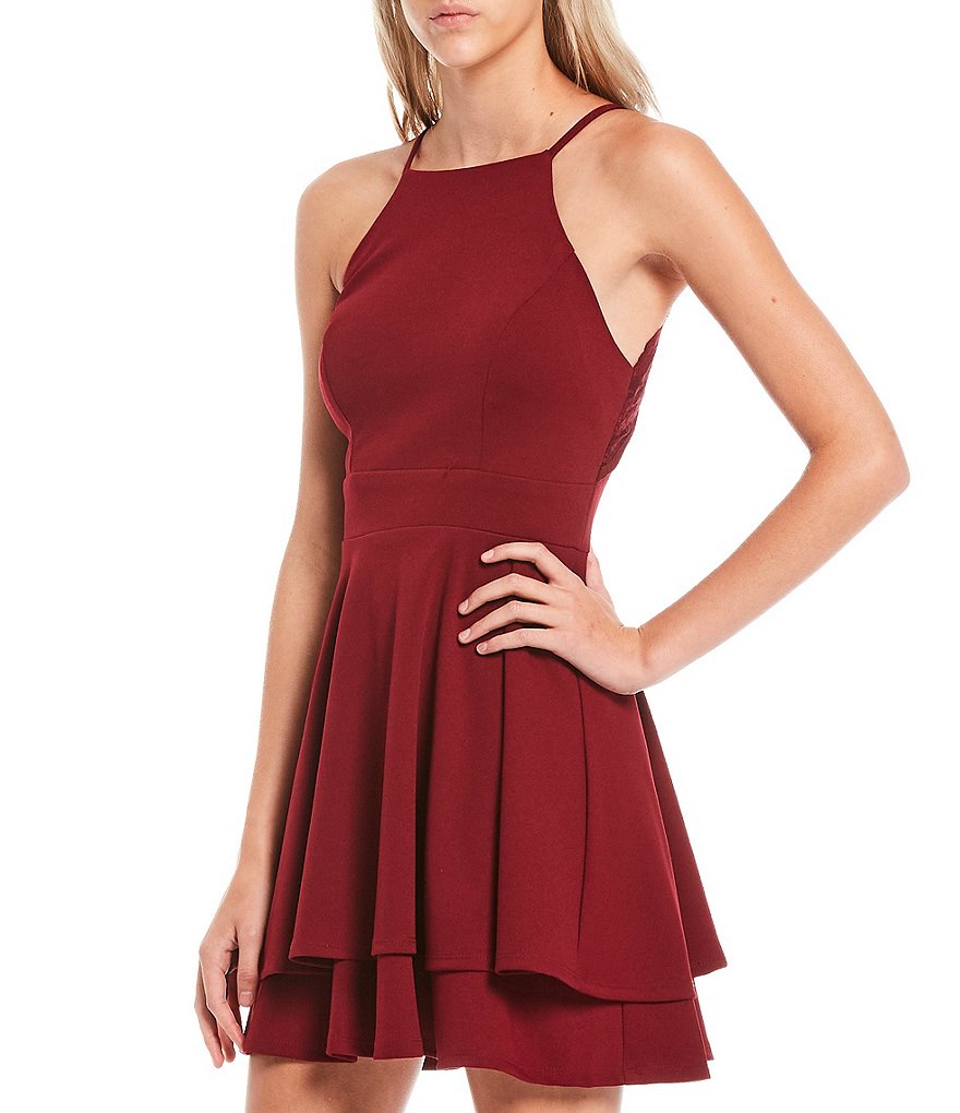 Teeze Me High Neck Double Hem Cutout Lace Back Skater Dress