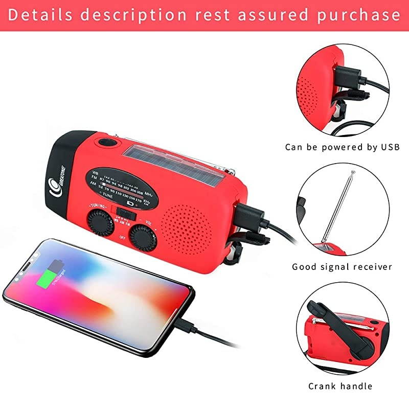 Emergency Hand Crank Self Powered AMFM NOAA Solar Weather Radio with LED Flashlight 1000mAh Power Bank for iPhoneSmart Phone 088 red