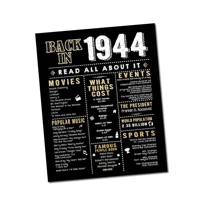Katie Doodle 76th Birthday Party Decorations Supplies Anniversary Card Gifts for Men Women Turning 76 Years Old Includes 8x10 Back in 1944 Print Unframed Black and Gold