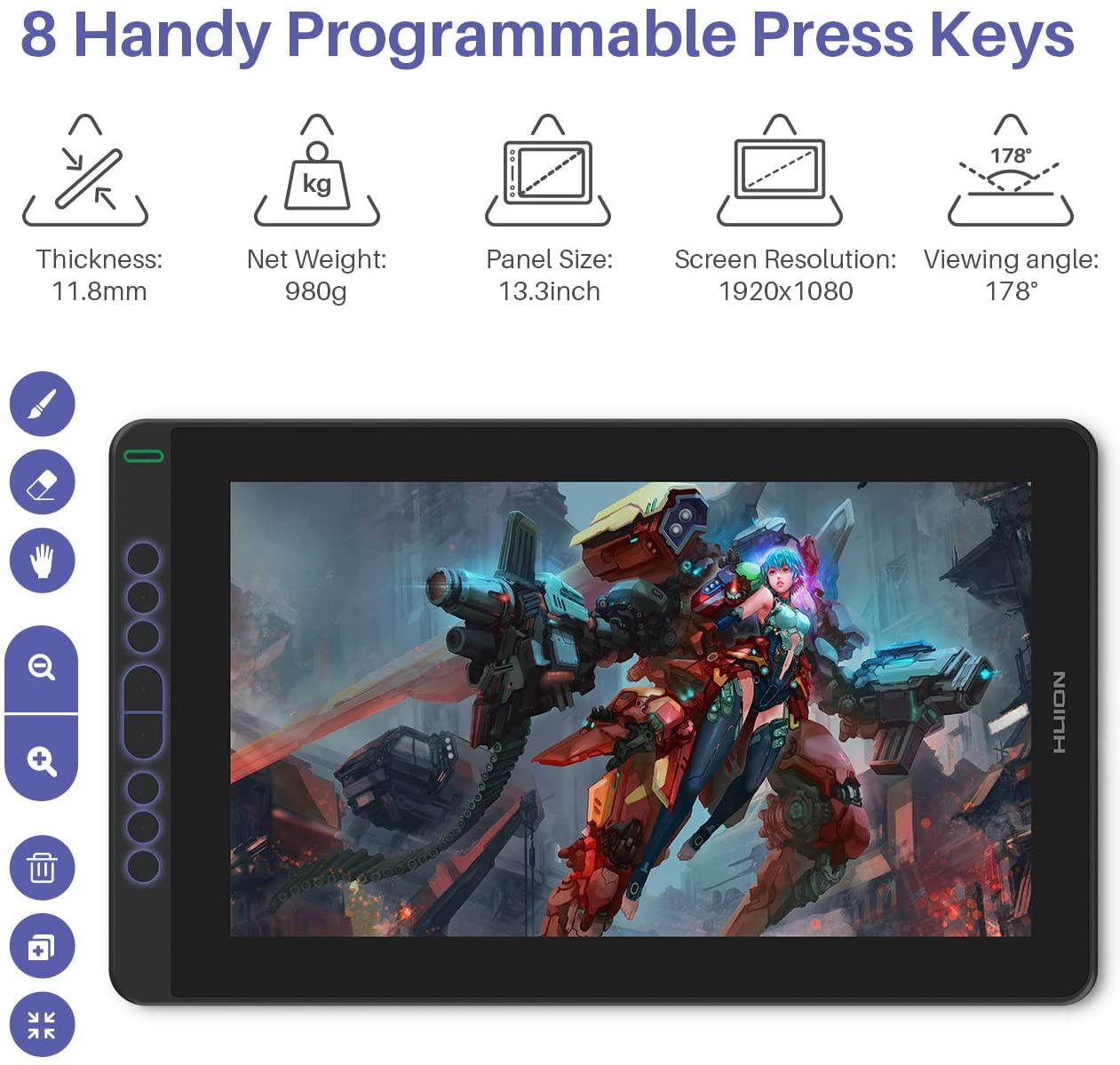 2020 HUION KAMVAS 13 Android Support Graphics Drawing Tablet Monitor with Full Laminated Screen Battery-Free Stylus 8192 Pressure Sensitivity Tilt 8 Express Keys Adjustable Stand -13.3inch, Purple