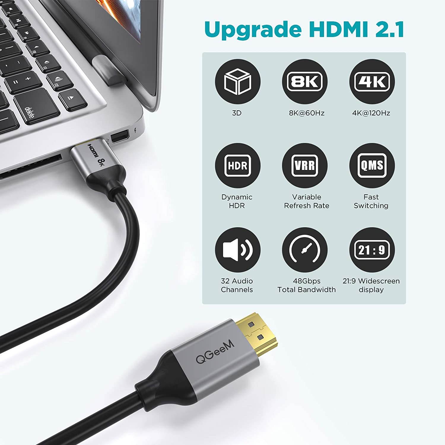 8K HDMI Cable ,QGeeM 6FT 48Gbps Ultra High Speed HDMI Cord,Compatible with Apple TV,Roku,Samsung QLED,Sony LG,Nintendo Switch,Playstation,PS5,PS4,Xbox One Series X,Ultra HD HDMI 2.1 Cable