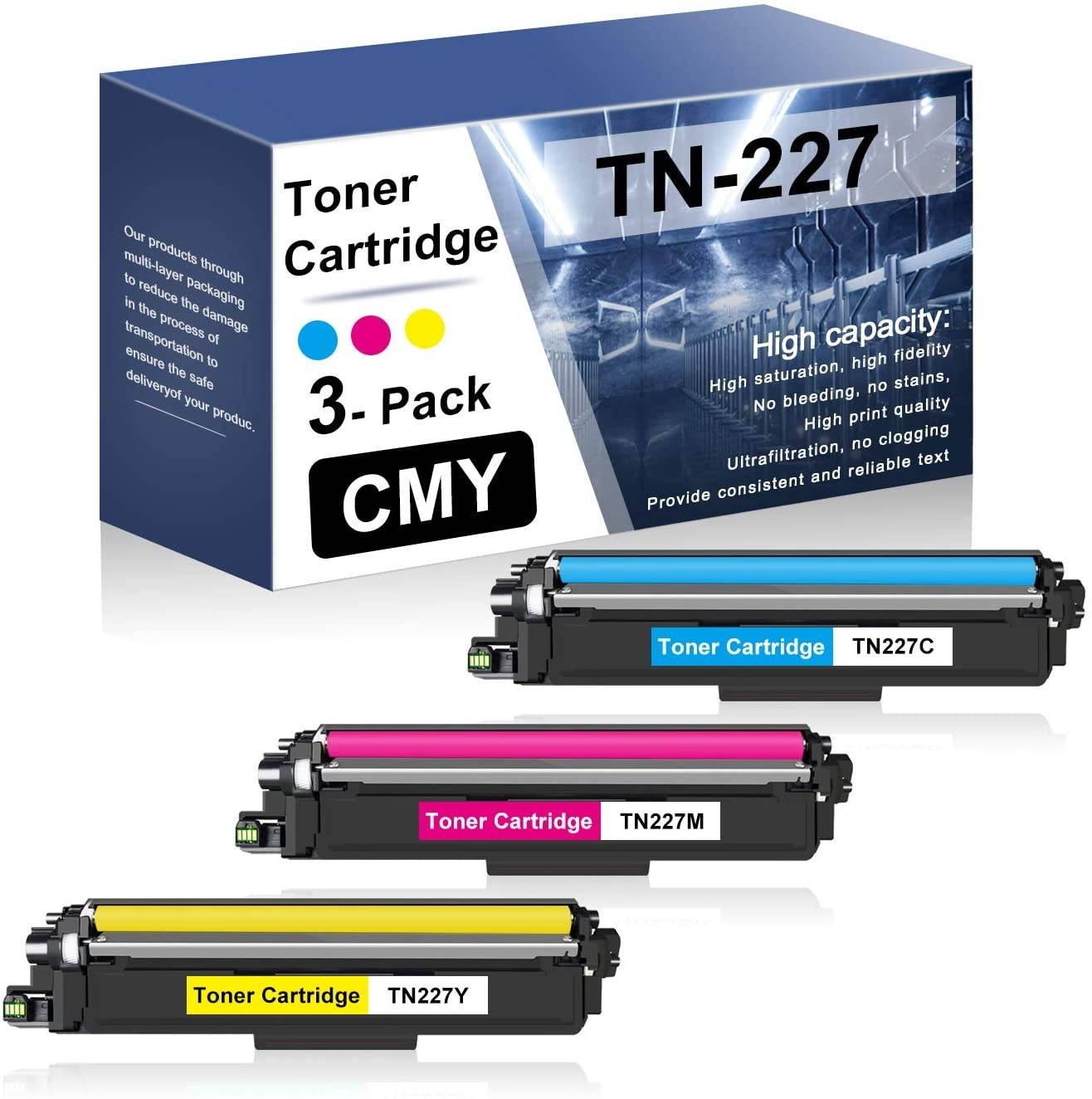 3 Pack TN227C TN227M TN227Y (1C+1M+1Y) Compatible Toner Cartridge Replacement for Brother MFC-L3770CDW L3710CW L3730CDW DCP-L3510CDW L3550CDW HL-3210CW 3230CDN 3290CDW 3230CDW 3270CDW Series Printers