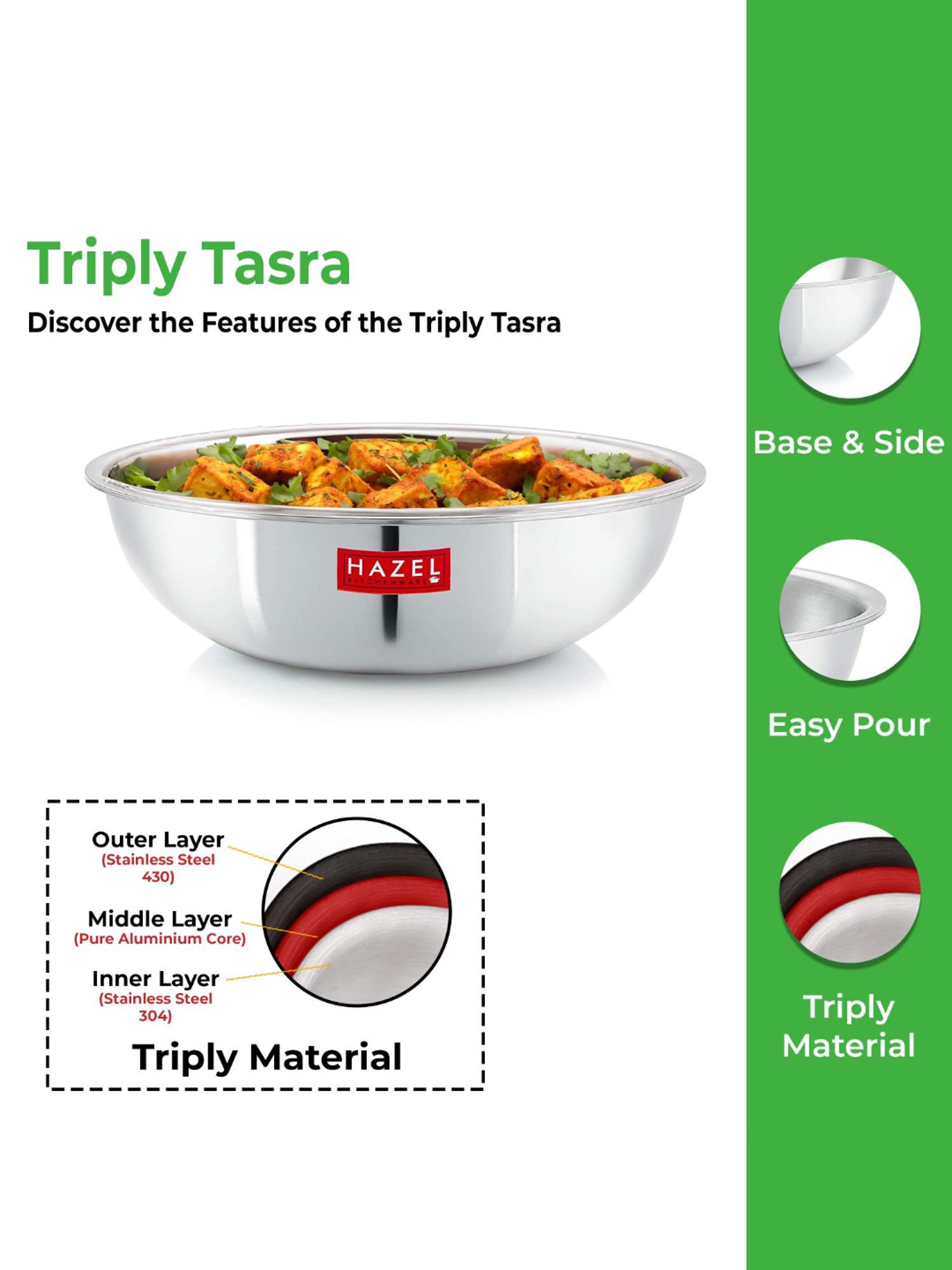 HAZEL Triply Stainless Steel Induction Bottom Tasra, 1.5 Litre, 20.5 cm
