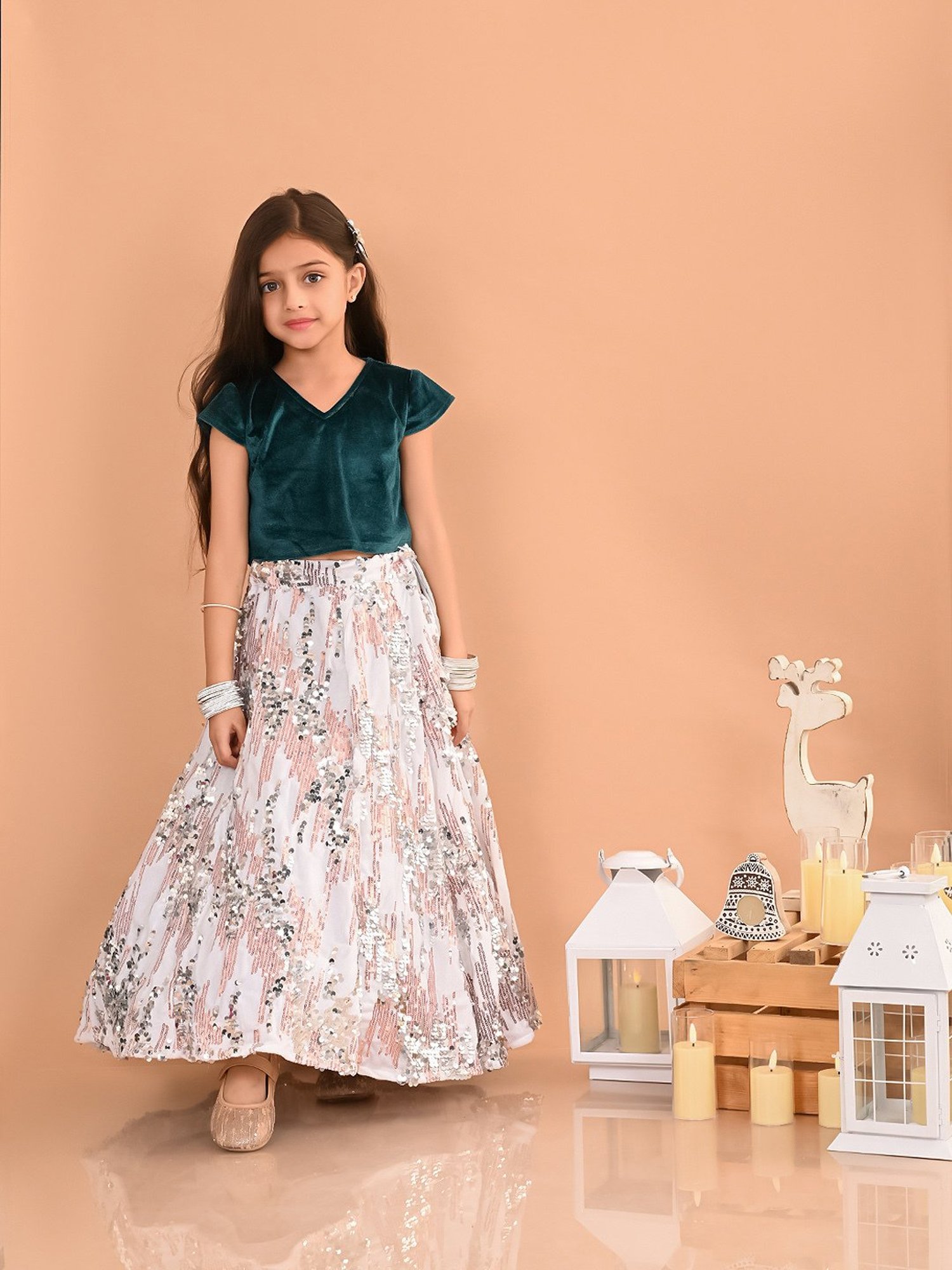 LilPicks Kids Green & White Embellished Lehenga with Choli