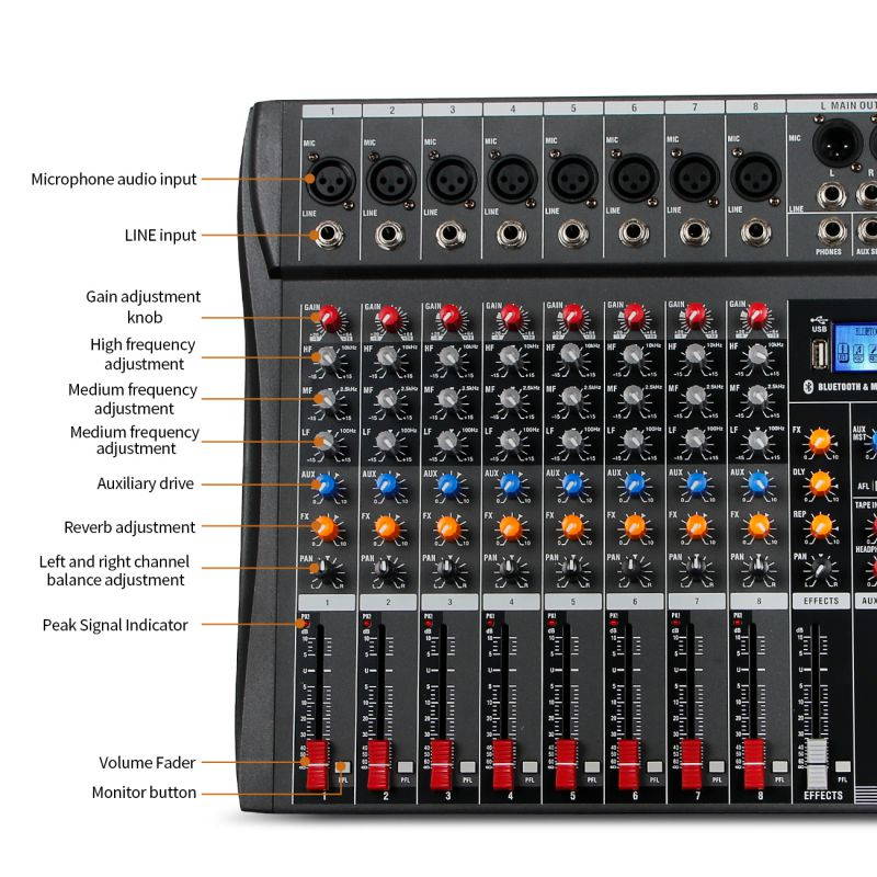 Depusheng DX8 Professional Mixer Sound Board Console 8 Channel Desk System Interface Digital USB MP3 Input 48V Phantom Power Stereo DJ Studio FX Steel Chassis,Black Bluetooth USB Audio Mixer for PC