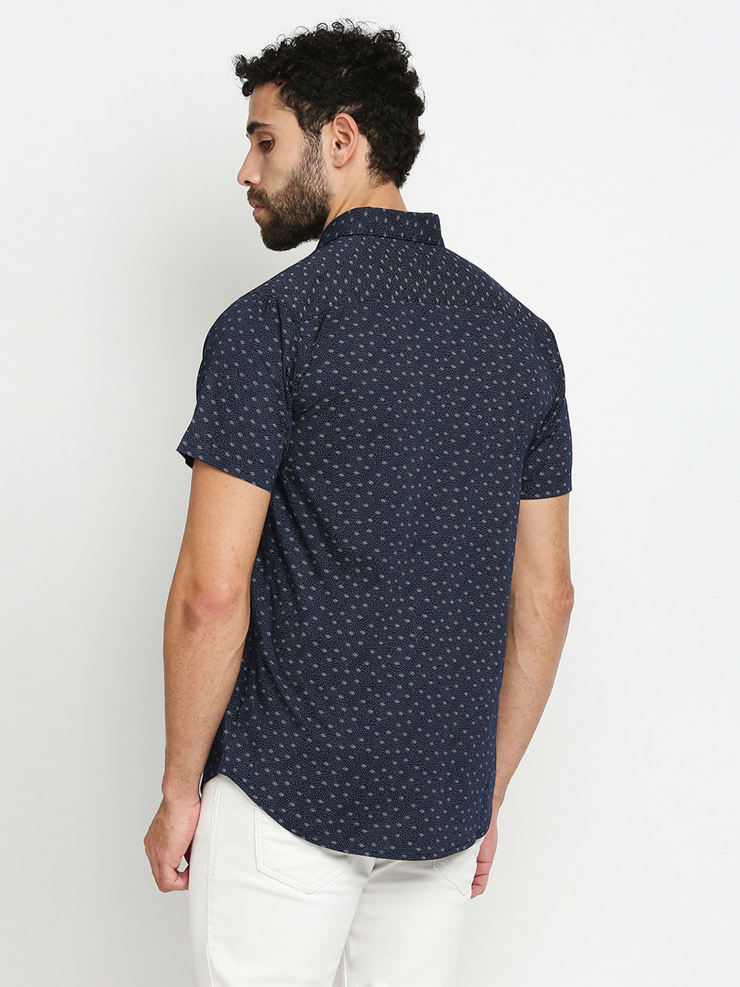 SOLEMIO Navy Slim Fit Printed Shirt