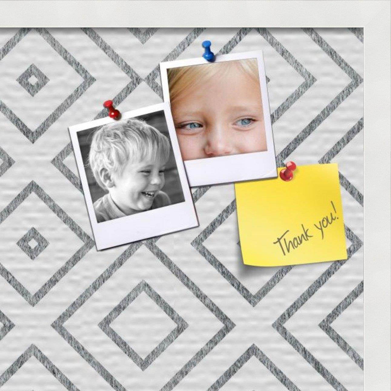 PinPix custom printed pin cork bulletin board made from canvas, Modern Deco Distressed 24x16 Inches (Completed Size) and framed in Satin White Frame (PinPix-Group-55)