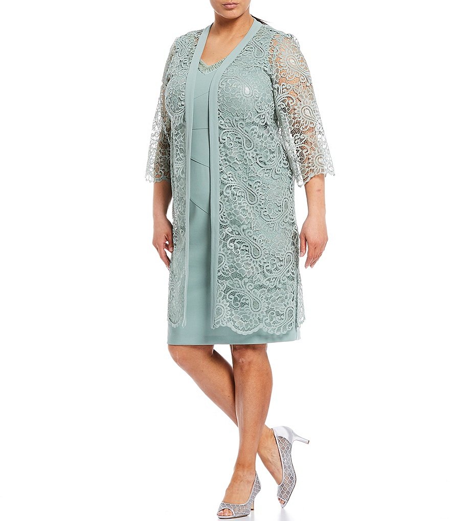 Le Bos Plus Size V-Neck 3/4 Sleeve 2-Piece Lace Jacket Dress