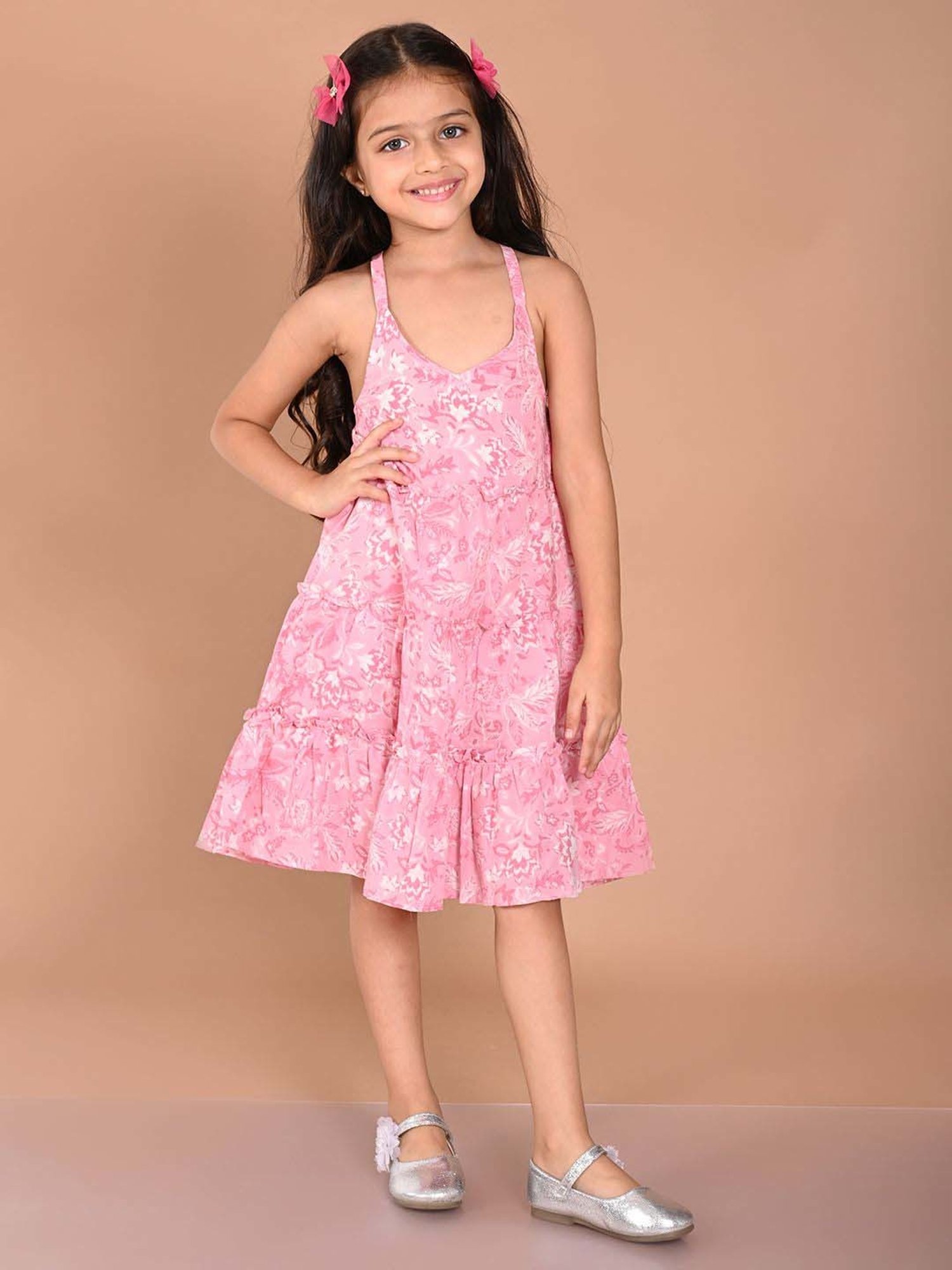 LilPicks Kids Pink Cotton Floral Print Dress