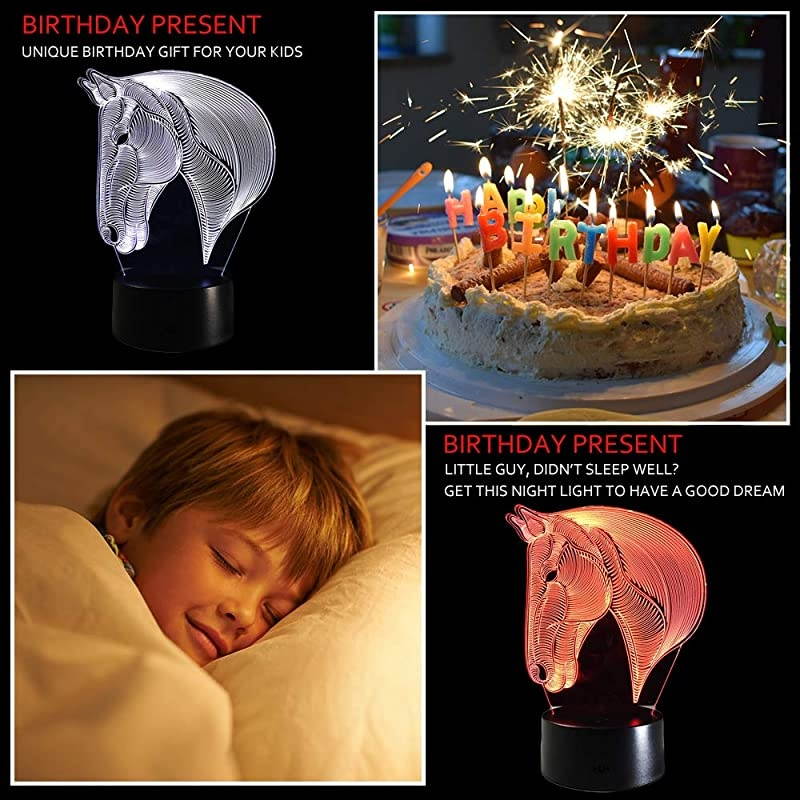3D Illusion Night Light LED Table Desk Lamps Horse Nightlights 7 Colors USB Charge Lighting Home Decoration for Kids Bedroom