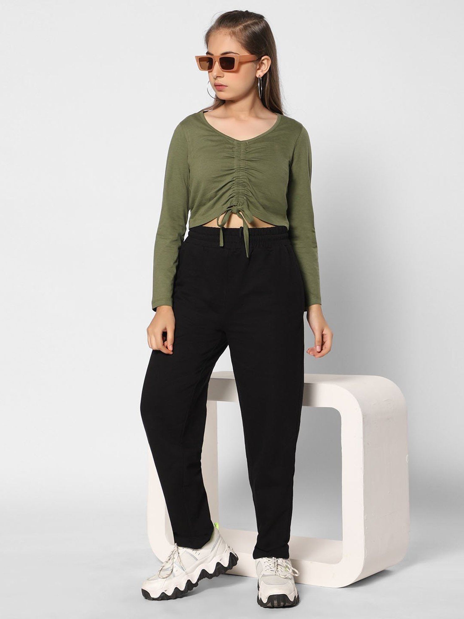 TeenTrums Girls Olive Solid Full Sleeves Crop Top