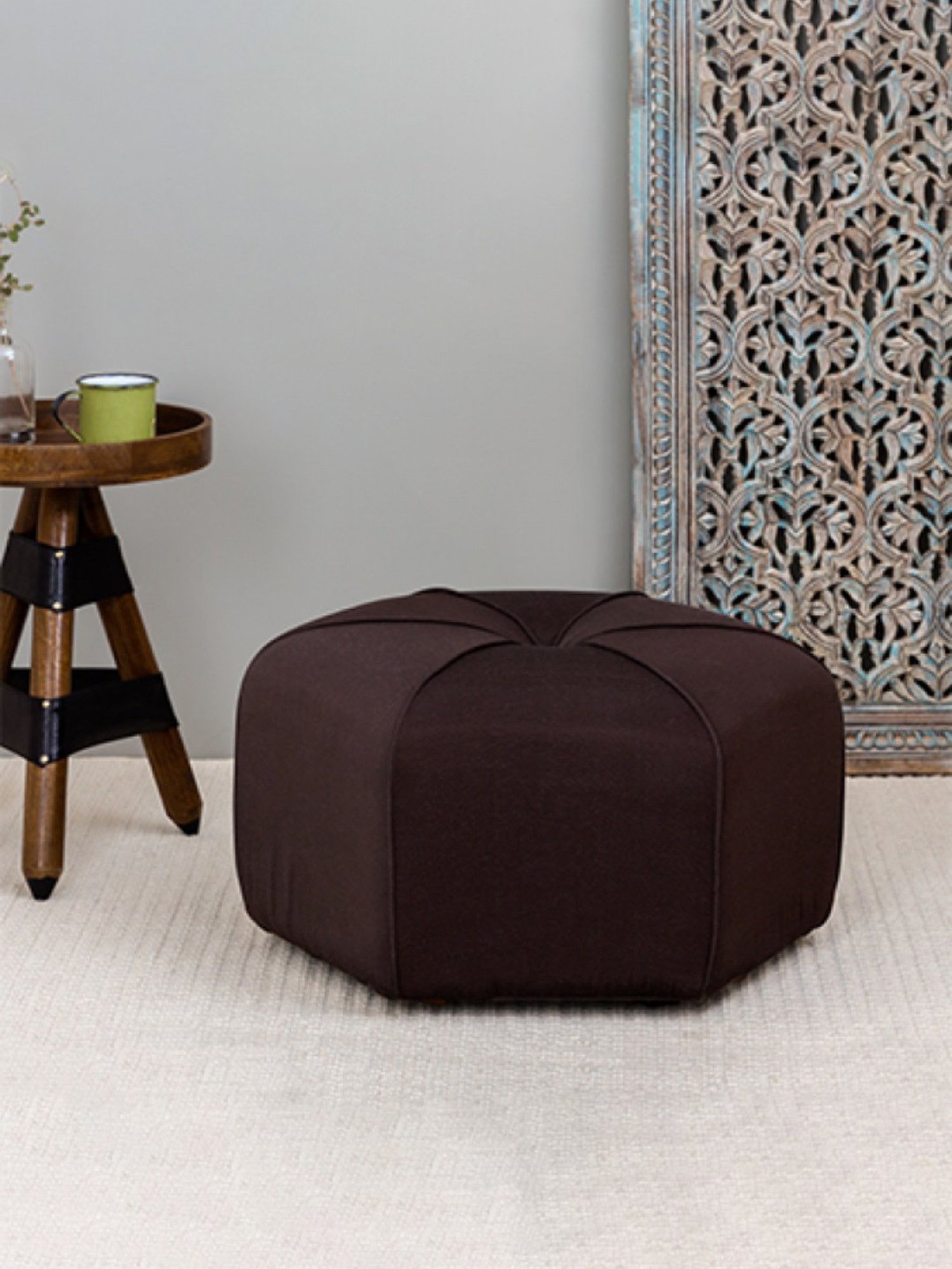 Artisans Rose Muffin-Top Brown Mango Wood & Polyester Pouffe