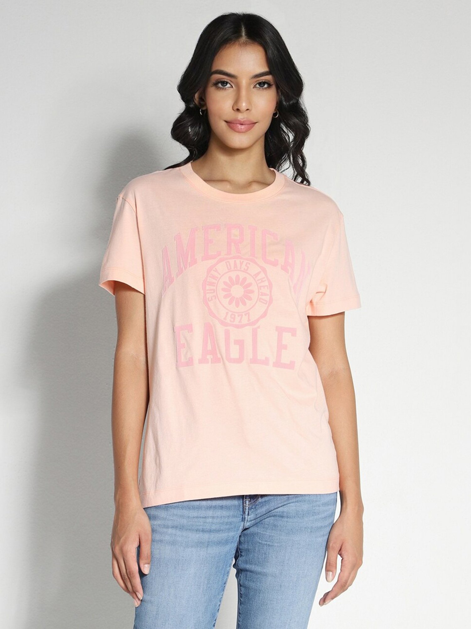 American Eagle Outfitters Peach Cotton Graphic Print T-Shirt