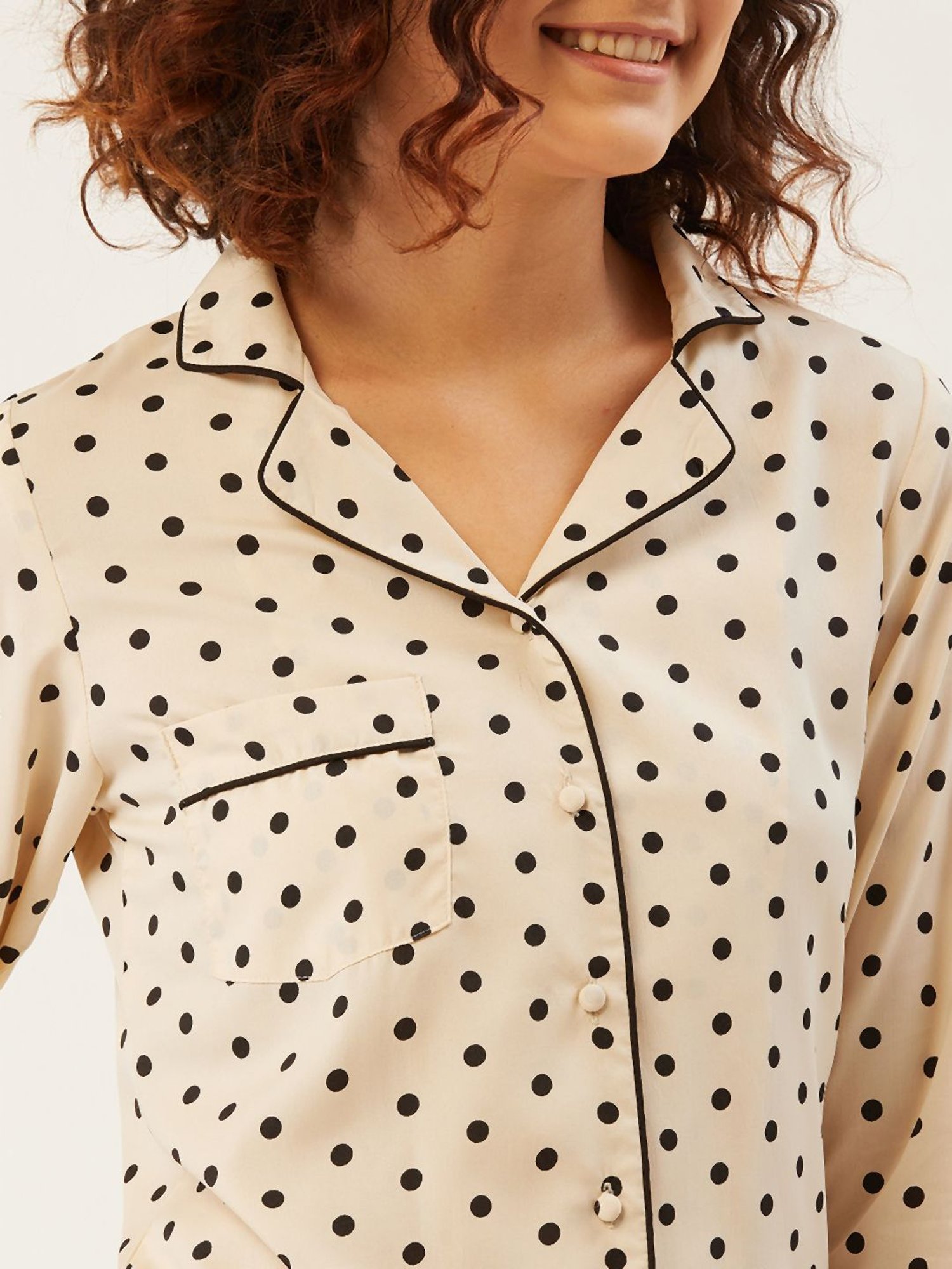 Anvi Be Yourself Cream Polka Dots Shirt Pyjama Set
