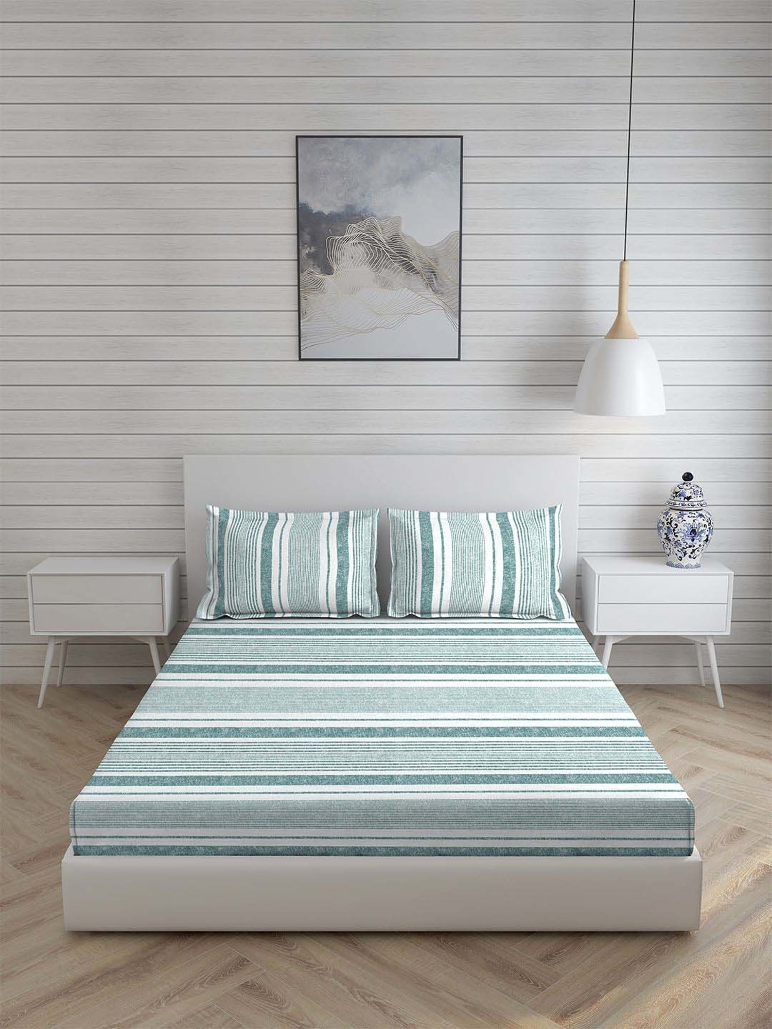 Boutique Living Signature Blue Cotton 300 TC Fitted Size Bedsheet with Pillow Cover