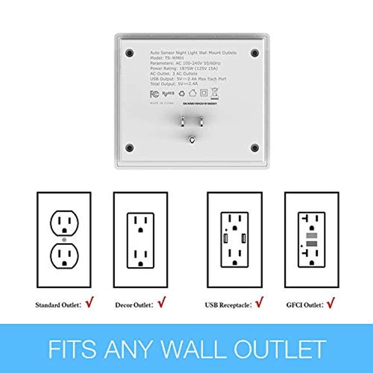 Multi Plug Outlet Extender with USB Wall Charger and Night Light, 3 Electrical Outlet Splitter 2 USB Phone Charger Wall Plug for Cruise Essentials, Multiple Power Outlet Expander with Charging Station