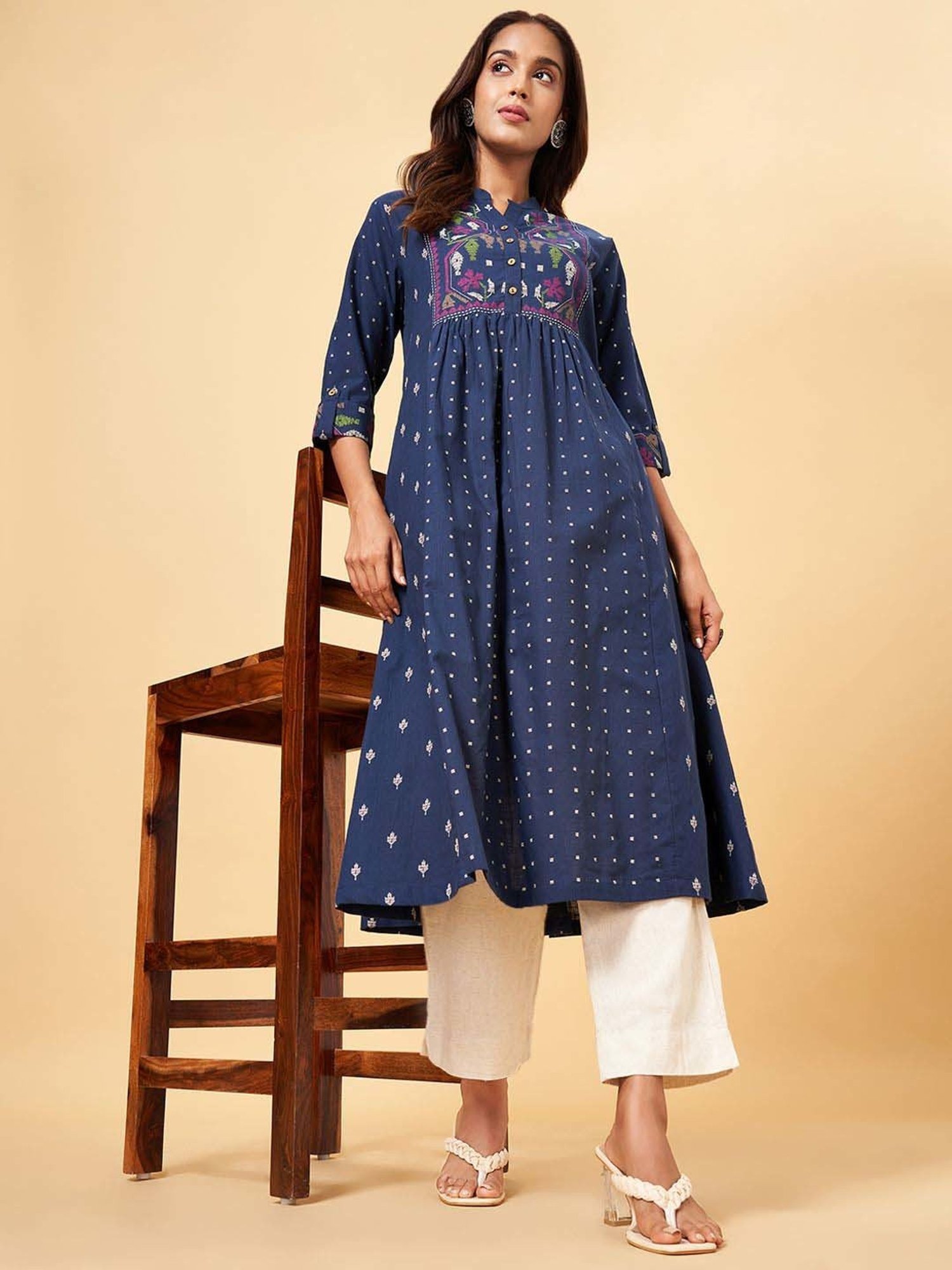 Rangmanch by Pantaloons Navy Cotton Printed A Line Kurta