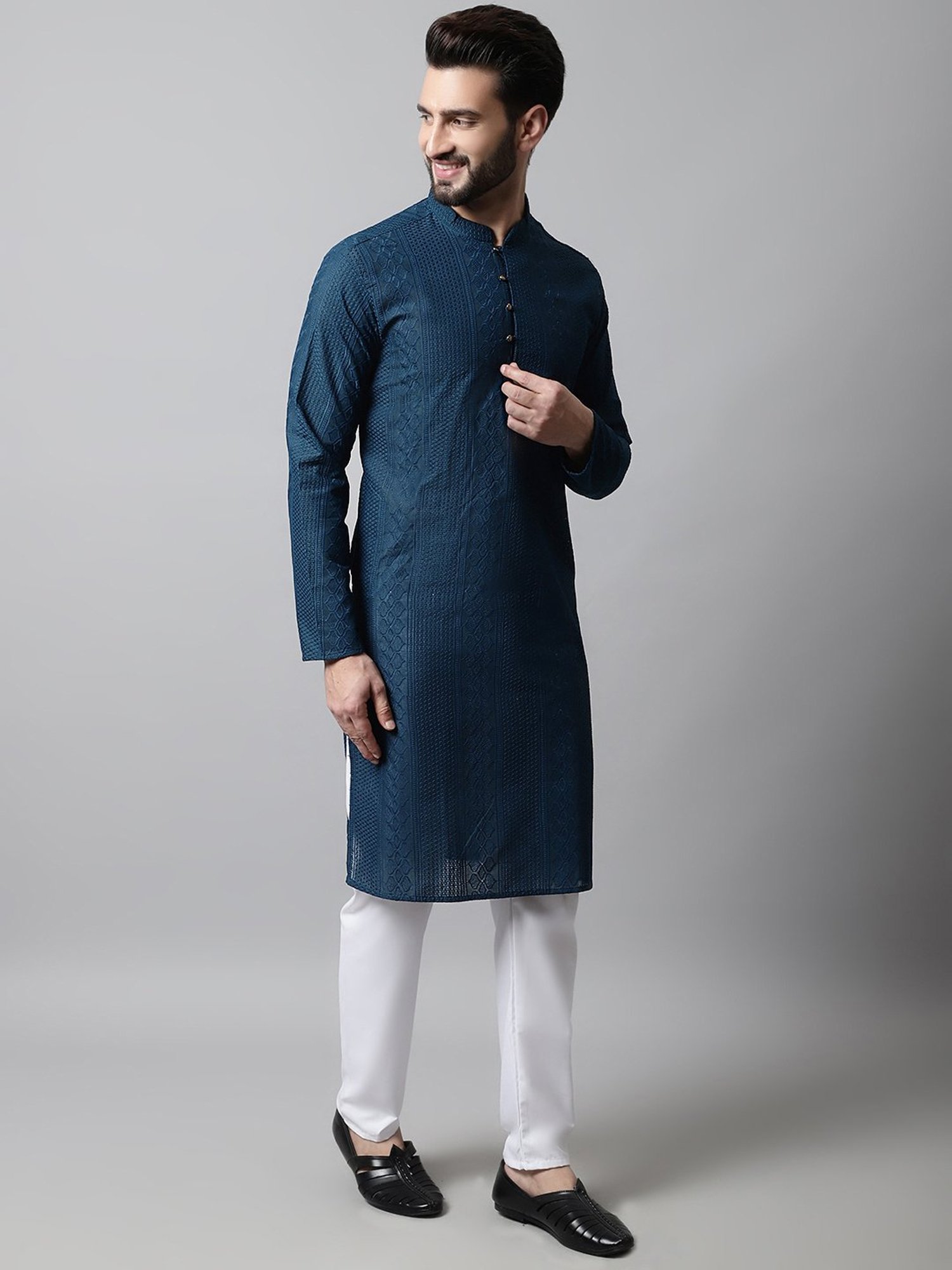 Jompers Teal Blue & White Regular Fit Cotton Kurta & Pyjamas Set