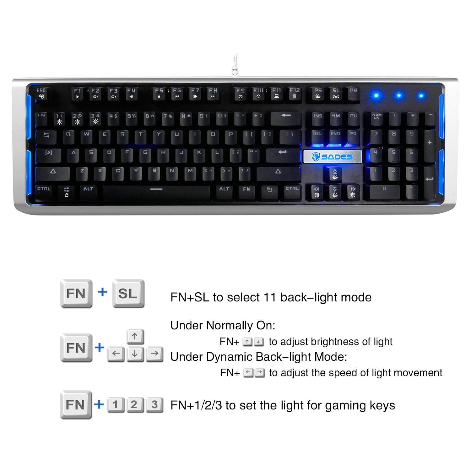 SADES K12 PC Mac Mechanical Gaming Keyboard USB Wired Backlight Metal Panel with Blue Swiches (Black&Silver)
