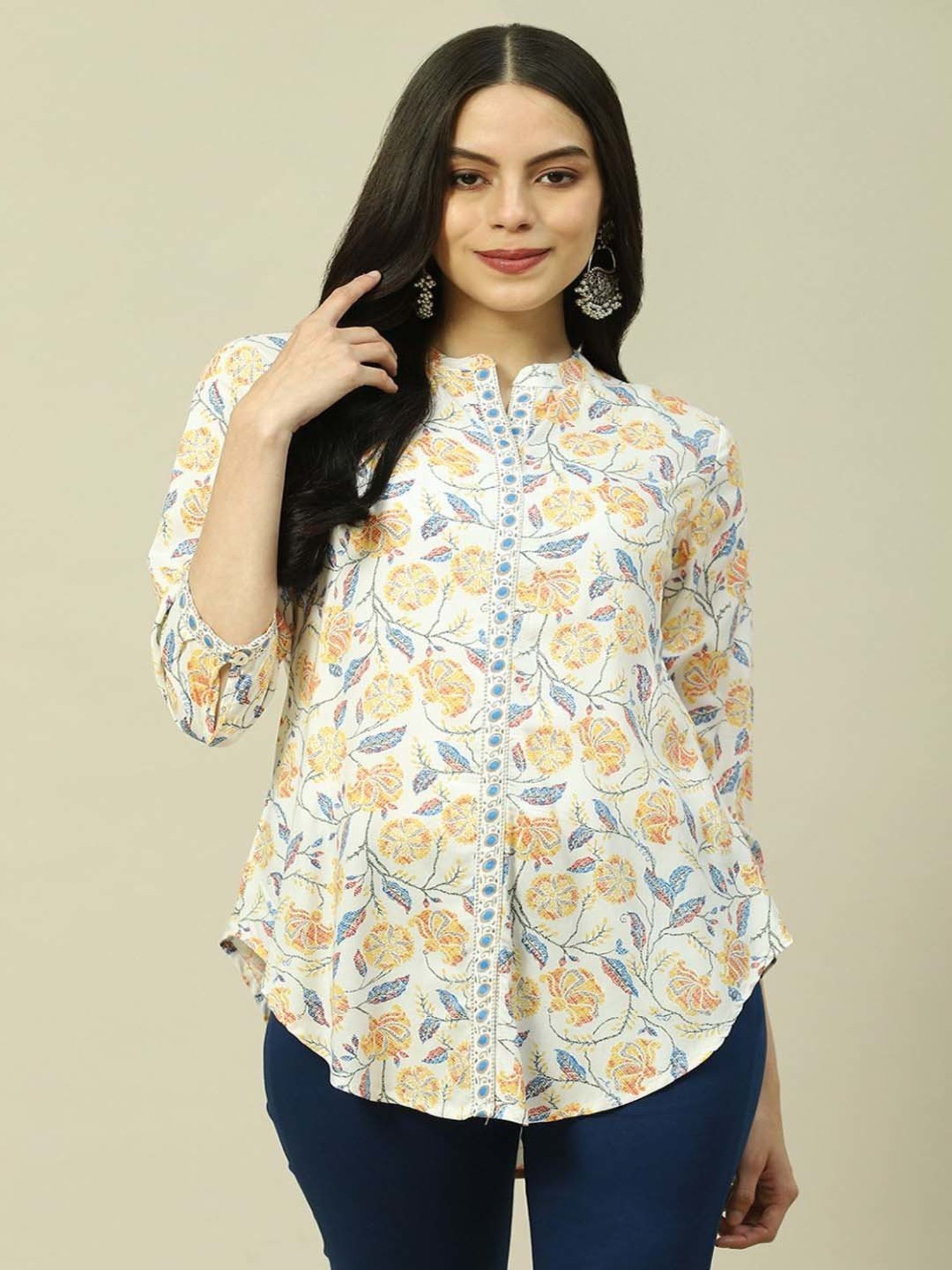 Rangriti White Floral Print Top
