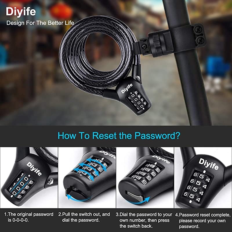 Bike Lock, [Reinforce Version]  Heavy Duty Bicycle Lock, Waterproof 4-Digit Resettable Combination Anti-Theft Bicycle Lock for Outdoor Bicycle, Motorcycles, Scooters,(1.5mx12mm)