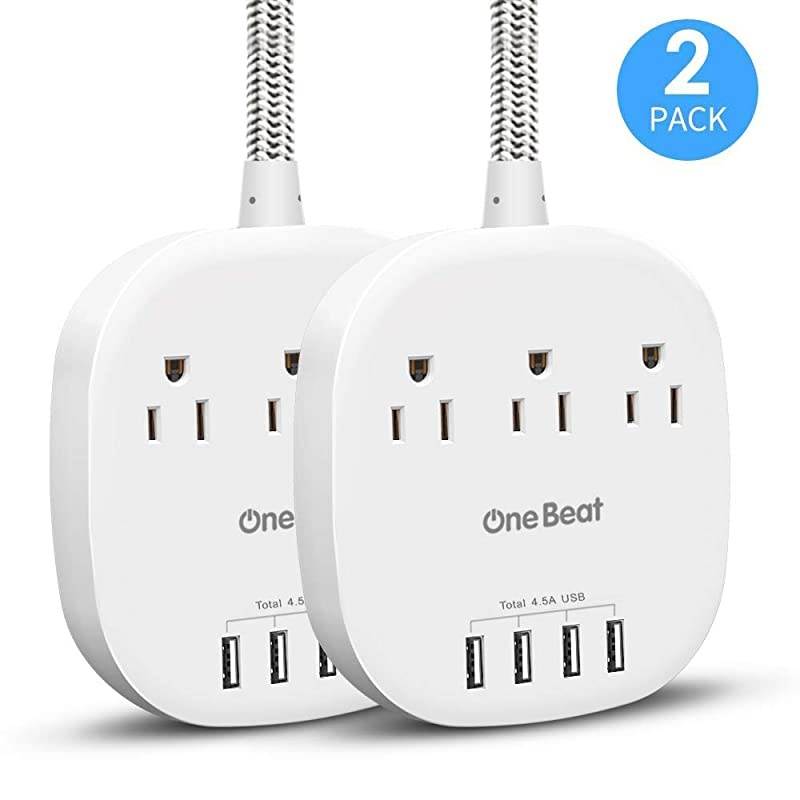 Strip 2 Pack, Desktop Charging Station with 3 Outlet 4 USB Ports 4.5A, Flat Plug, 5 ft Long Braided Extension Cord for Cruise Ship Travel Home Office, ETL Listed, White