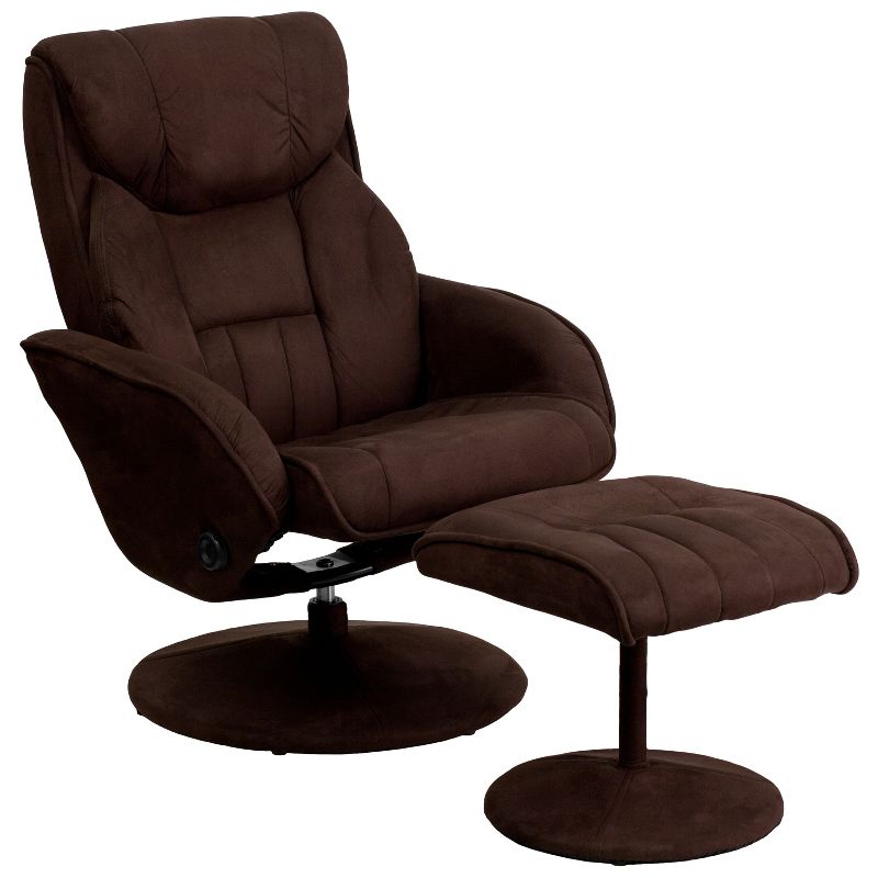 Emma and Oliver Multi-Position Recliner & Ottoman with Circular Wrapped Base in Brown Microfiber